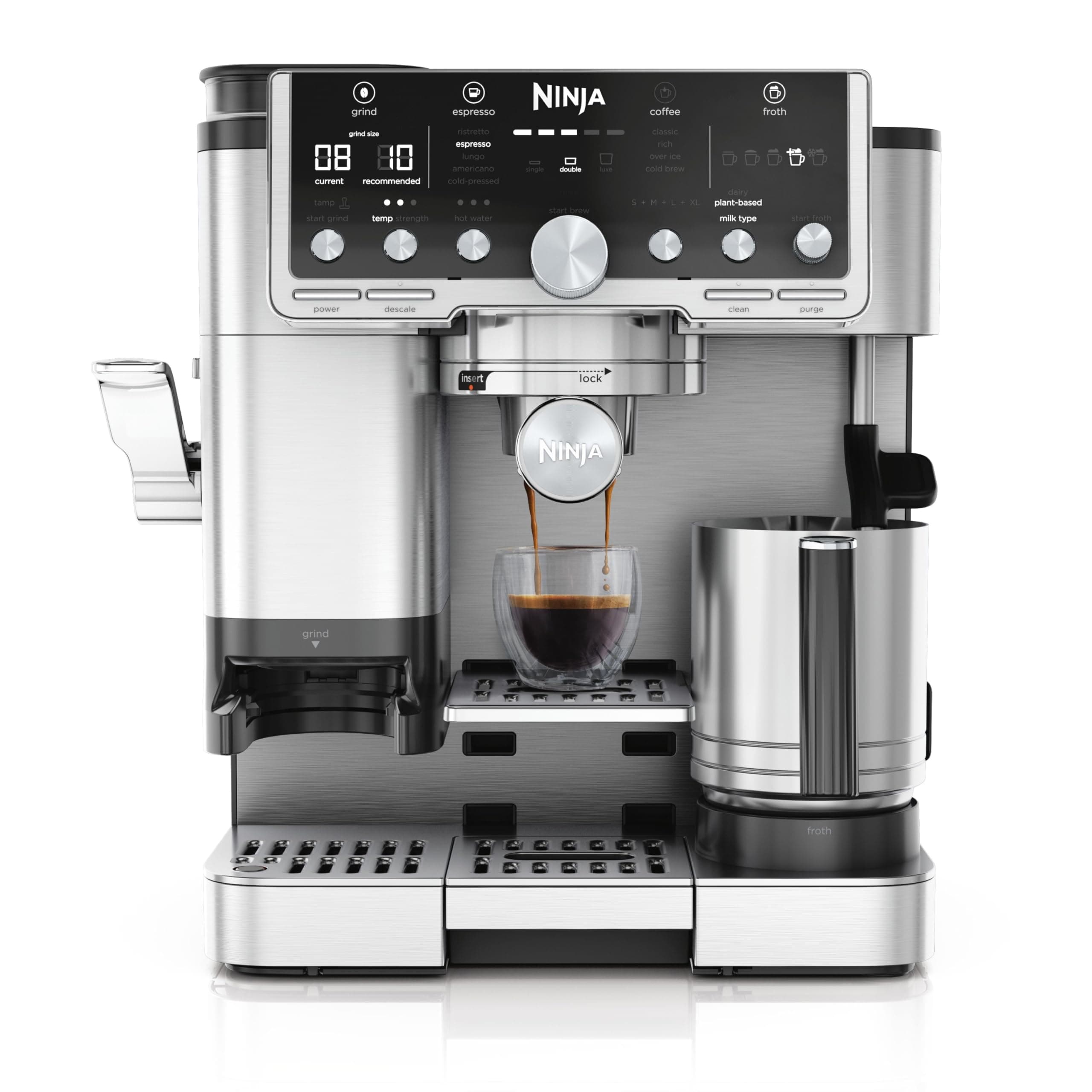 Ninja Machine à café Luxe Pro 3-en-1, Latte, Cappuccino, Infusion à froid et Espresso avec broyeur à grains et mousseur à lait intégrés, facile à utiliser, 5 préréglages mousse, argent, ES701EU