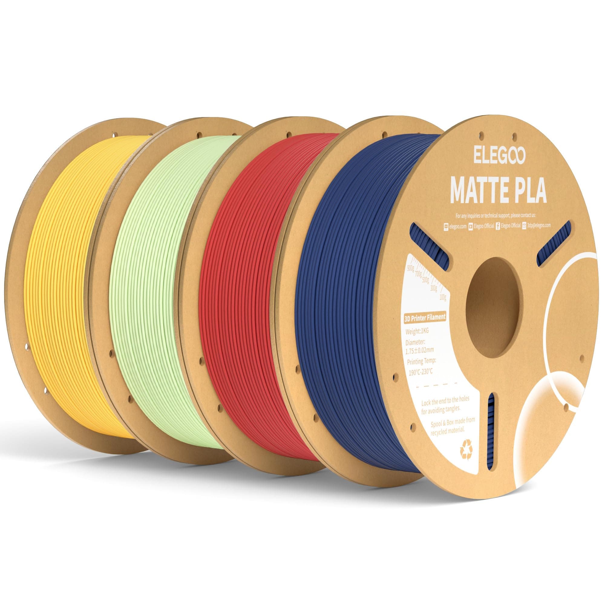 ELEGOO Matte PLA Filament Bundle 4KG, 1.75mm 3D Drucker Filament Maßgenauigkeit +/- 0.02mm, 4 Stück 1kg Kartonspule (2.2lbs) für die Meisten 3D Printer Multicolors Set