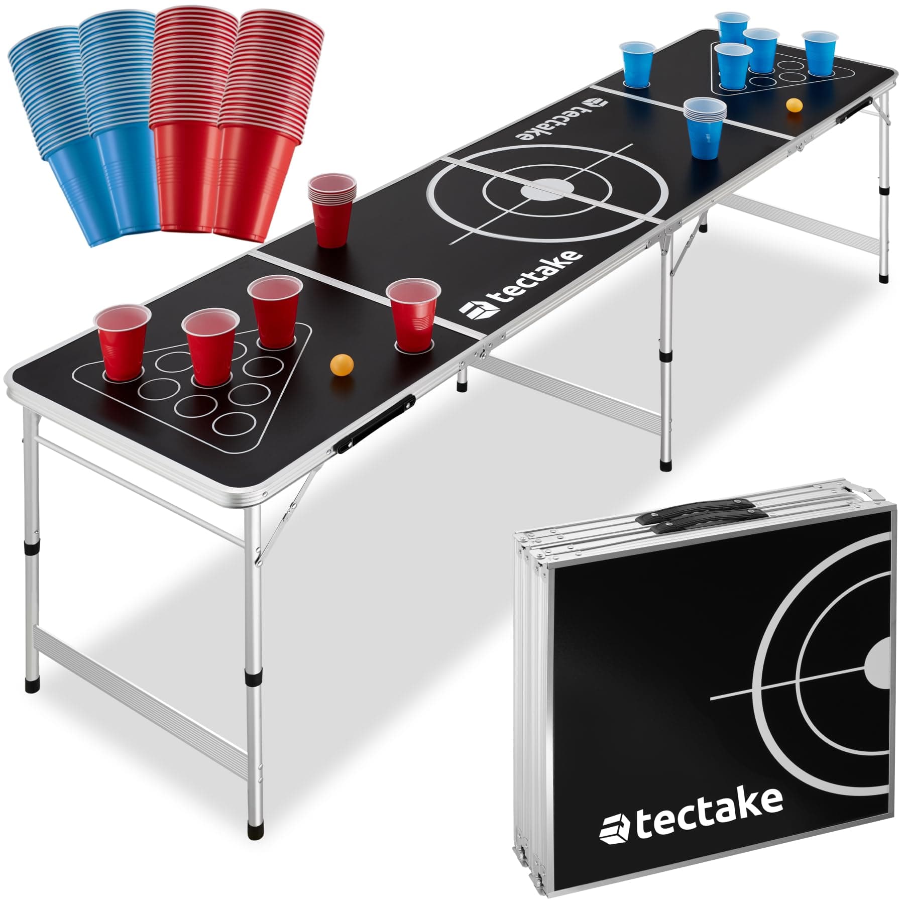 tectake® Bierpong Tisch, Beer Pong Tisch, inkl. 100 Becher (50 rot & 50 blau) und 6 Bälle, höhenverstellbar, Tisch klappbar mit Tragegriffen, Partyspiele für Erwachsene, Trinkspiel, Beer Pong