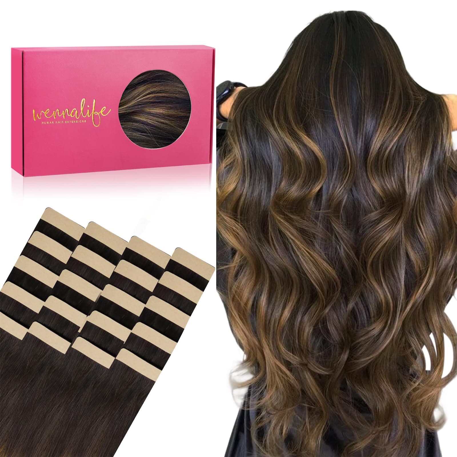 WENNALIFE Extension Capelli Veri Biadesivo, 20pz 50cm 50g Balayage Castano Scuro Misto Castano Extension Biadesive Capelli Veri Lisci Remy Tape in Hair Extensions Capelli Setosi