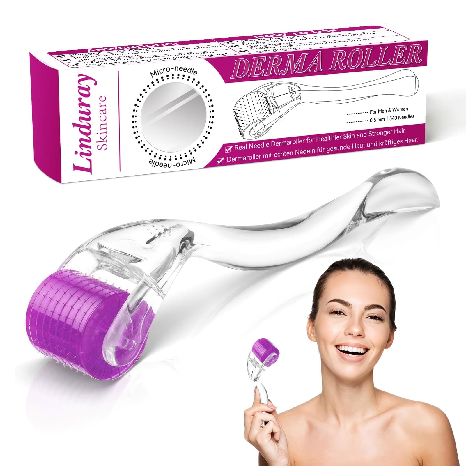 Dermaroller Capelli, Microneedling Derma Roller,Micro-Ago Roller 540-Aghi Rullo Derma per Crescita Dei Capelli,Trattamento di Perdita Capelli,Cicatrici da Acne e Smagliature,Delle Rughe(0,5 mm Rosa)