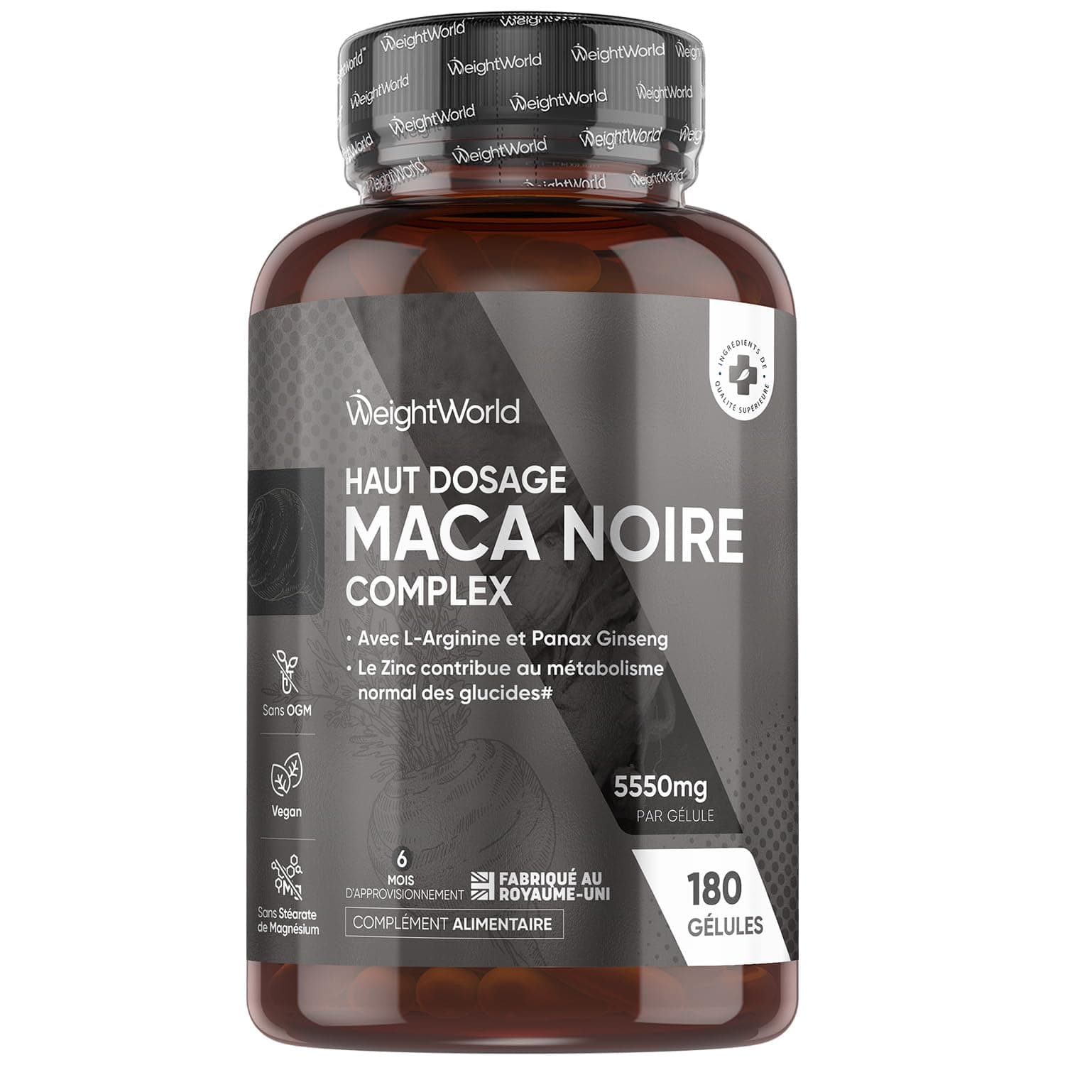 Maca Noire avec Ginseng 180 Gélules Vegan (6 mois) avec Zinc, L Arginine, Panax Ginseng, Poivre Noir, Racine de Maca Noire, Jaune, 5550mg par Jour sans Gluten, sans OGM, sans Stéarate de Magnésium