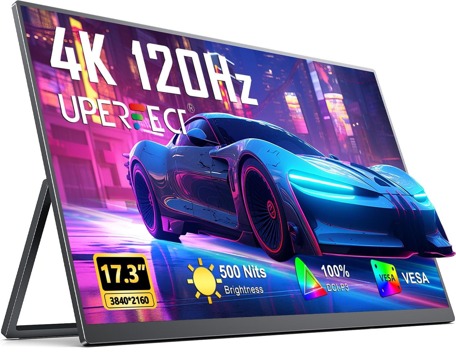 UPERFECT 17,3" 4K 120Hz QLED Monitor Portátil 1500:1 500 Nits 100% DCI-P3 UHD 3840 x 2160 Pantalla Mate IPS con Mini HDMI USB C para PC Laptop Consolas de Juegos, Cuerpo Metálico, Compatible con VESA