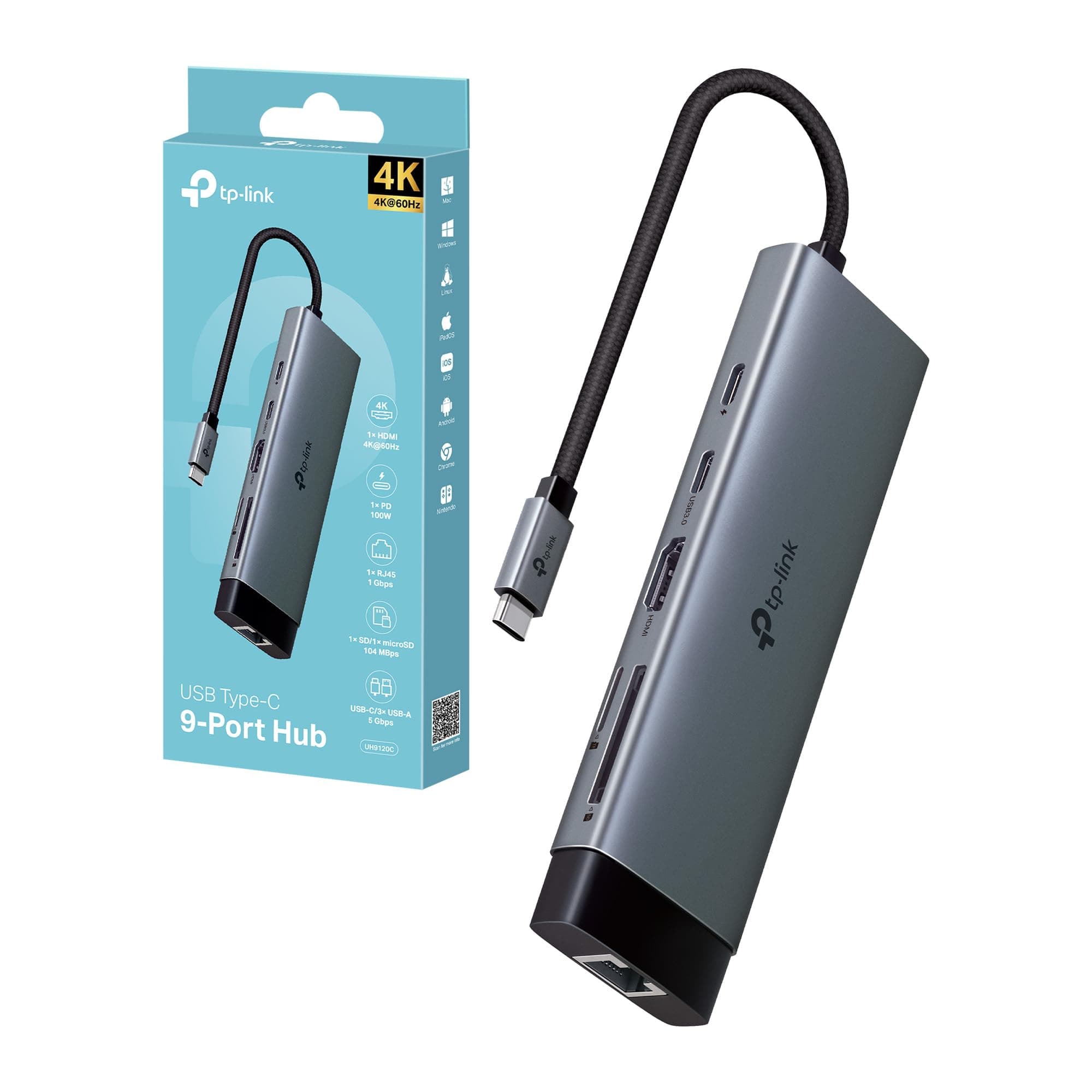 TP-Link UH9120C Hub USB C 9 in 1, 1 HDMI 4K@60Hz, 1 Gigabit Ethernet, SD e microSD UHS-I, 1 PD 100W, 1 USB-C 3.0, 3 Porte USB-A 3.0, SuperSpeed a 5 Gbps, Win11/10/8.1, Mac OS X 10.9+, Linux OS