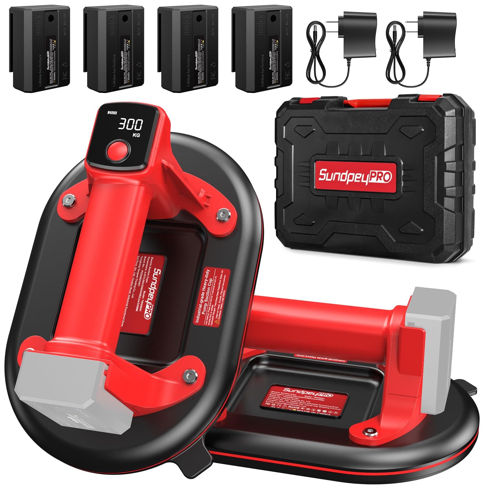 Ventosa per Piastrelle a Batteria, 2 Pezzi SundpeyPRO 10" Ventosa Elettrica con Carico Massimo di 300KG con 4 x 3,0Ah Batterie, Display LCD, Ventose in Vetro per il Sollevamento di Granito e Marmo