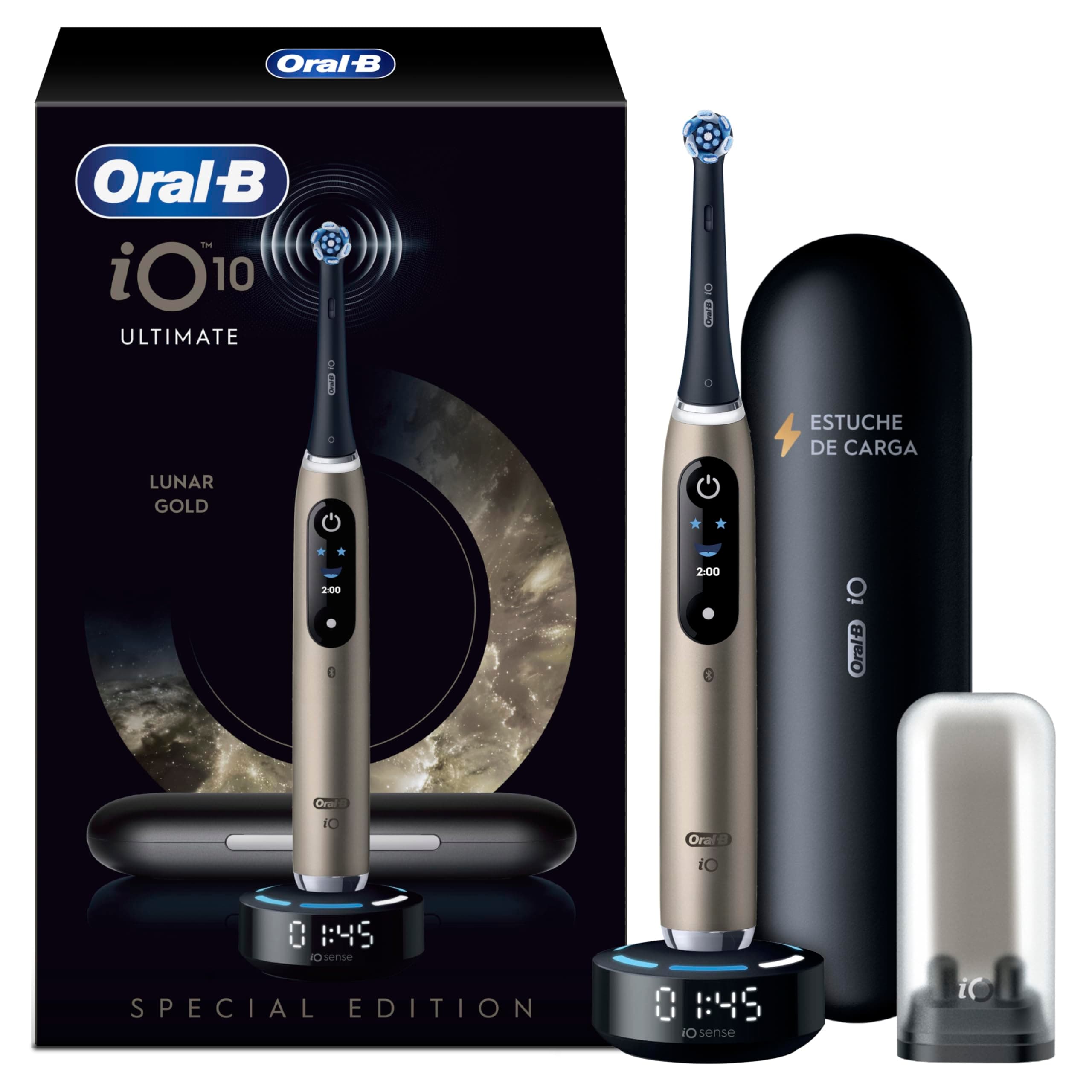 Oral-B iO10 Cepillo De Dientes Eléctrico Lunar Gold, 1 Cabezal Ultimate Clean, 1 Cargador Magnético Rápido con Tecnología iO Sense, 1 Estuche de Viaje Con Carga, 1 Soporte Higiénico para Cabezal