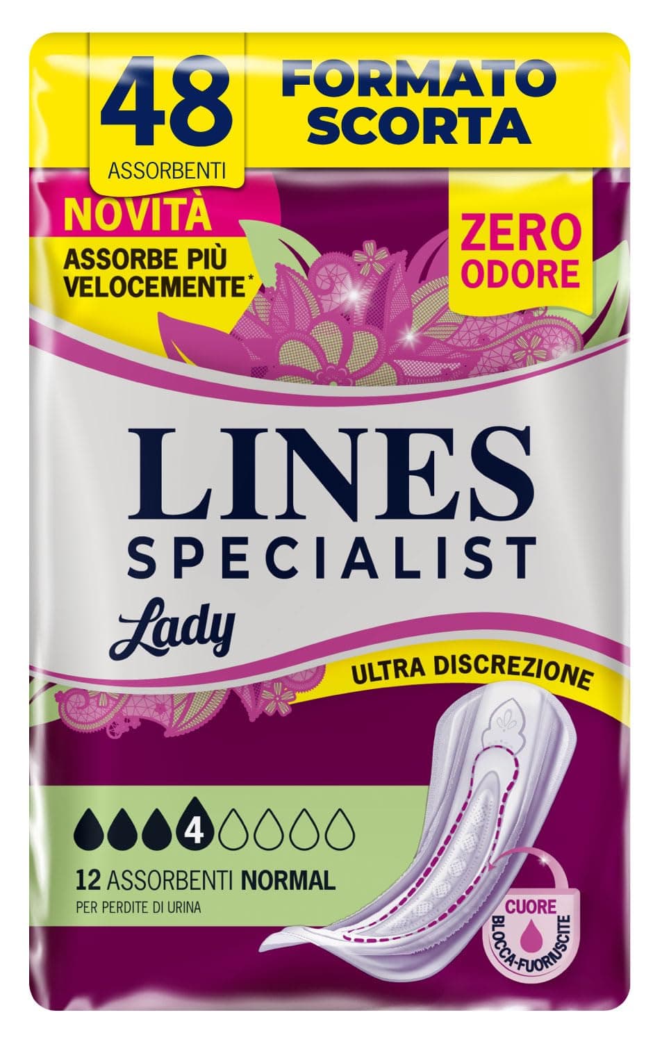 Lines Specialist Lady Normal, Assorbenti per Incontinenza Donna, con Tecnologia Zero Odore e Barriere Laterali Protettive, Scorta Mensile, 4 Confezioni da 12 Unità