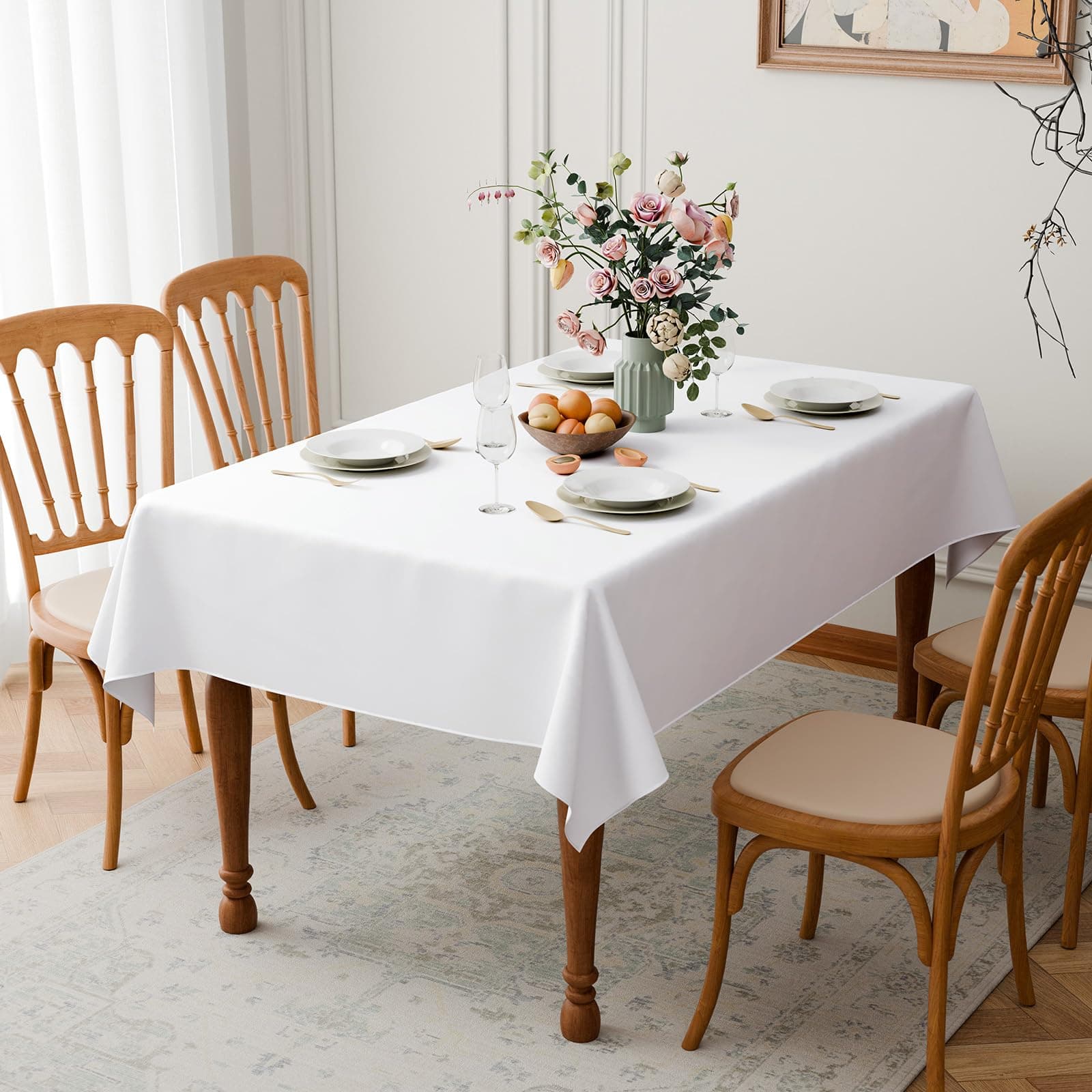 GFCC Nappe Rectangulaire Blanche 140x240 cm, Nappe en Élégante et Moderne, Lavable et Réutilisable en Polyester pour Salle à Manger, Jardin, Mariage, Fête, Noël et Anniversaire