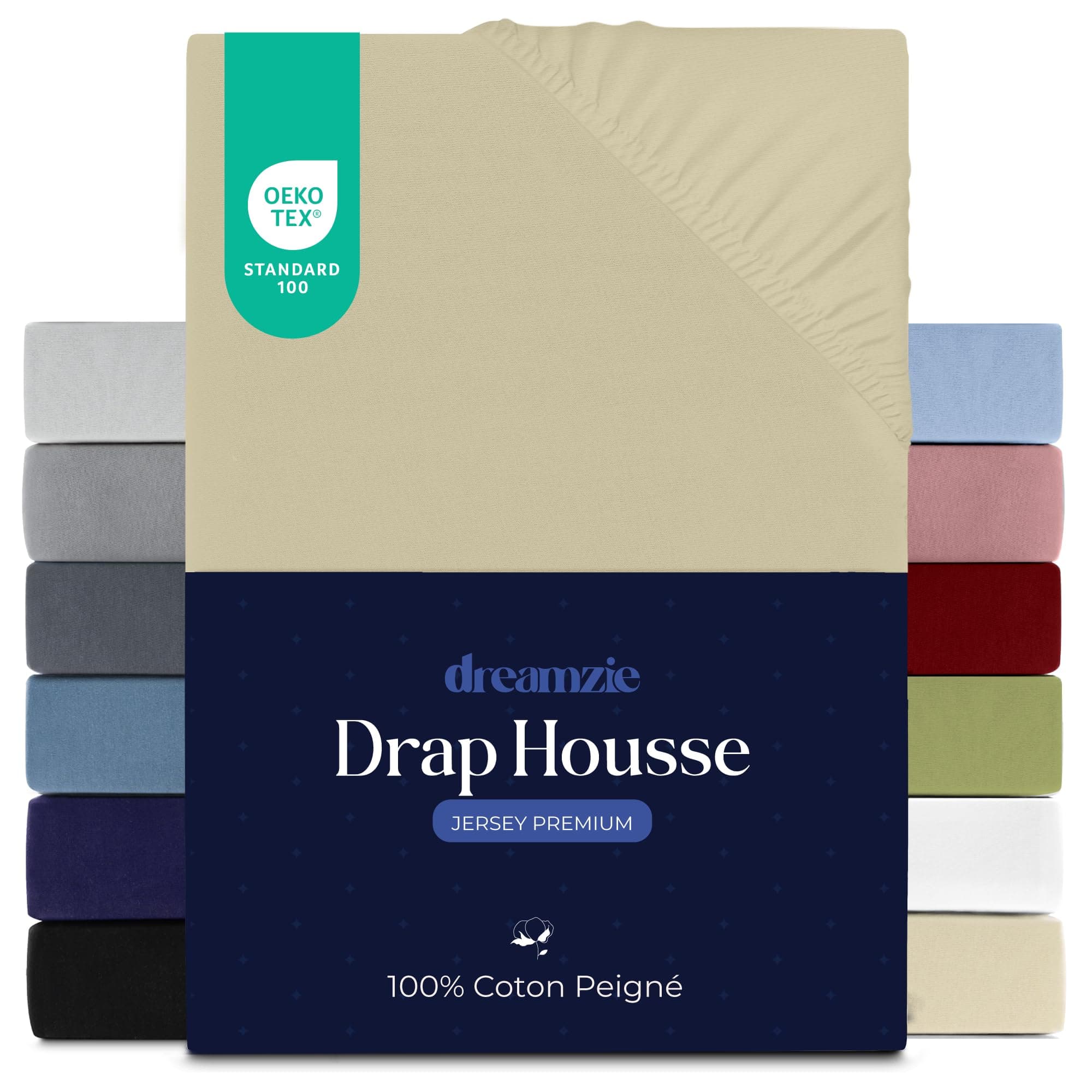 Dreamzie Drap Housse 160x200 cm, Jersey 100% Coton Premium, Hauteur De Matelas Jusqu'à 27 cm, Hypoallergénique, Oeko-Tex, Beige