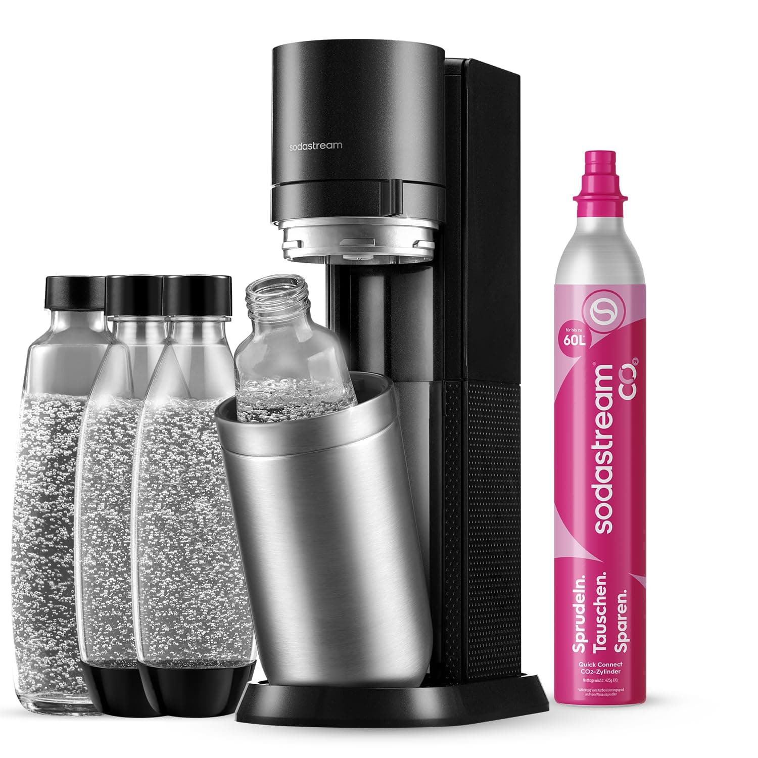 SodaStream Wassersprudler DUO mit Quick-Connect CO2-Zylinder | inkl. 2x 1L Glasflasche und 2x 1L FUSE Kunststoffflasche (spülmaschinengeeignet) | Farbe: Titan