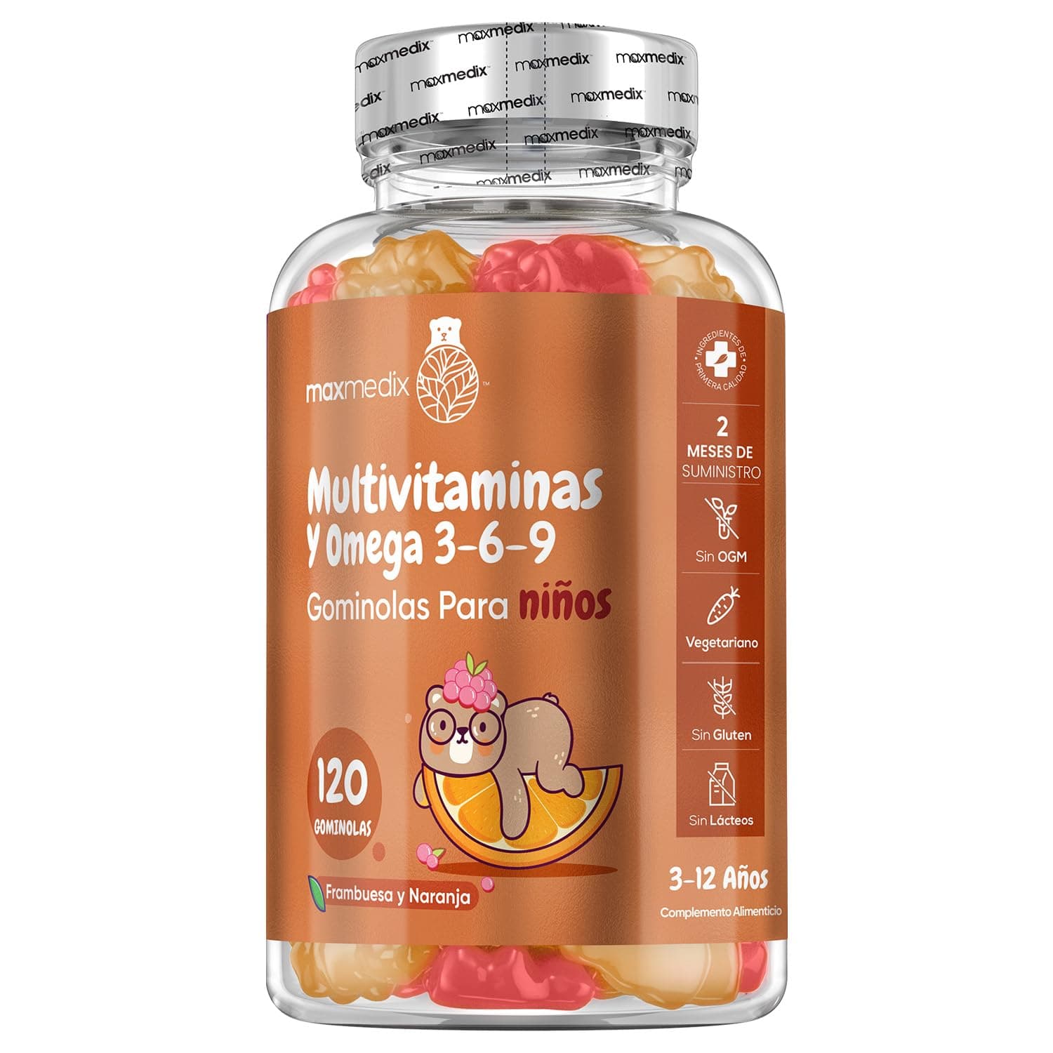 Gominolas Multivitaminas y Omega 3 6 9 Para Niños, 16 Vitaminas y Minerales - Sabor Frambuesa y Naranja 120 Unidades - El Yodo Contribuye al Crecimiento Normal de los Niños, Bajas en Azúcar