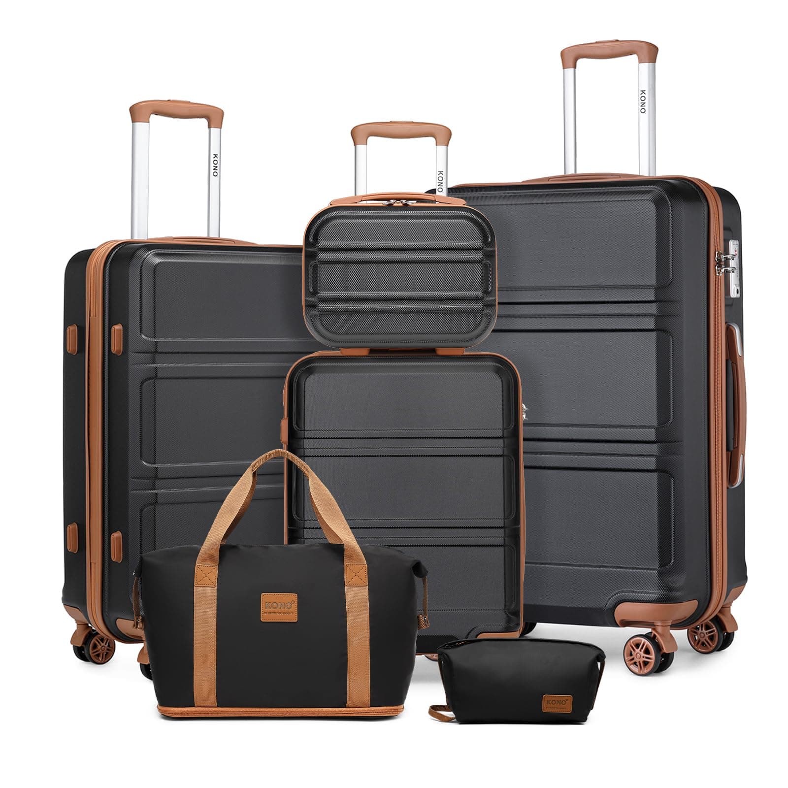 Kono Set de 6 Valises de Voyage Rigide Ensemble de Valise (55/65/74cm) à 4 roulettes avec Portable Vanity Case et Pliable Sac de Voyage pour Sport avec Trousse de Maquillage, Noir/Marron