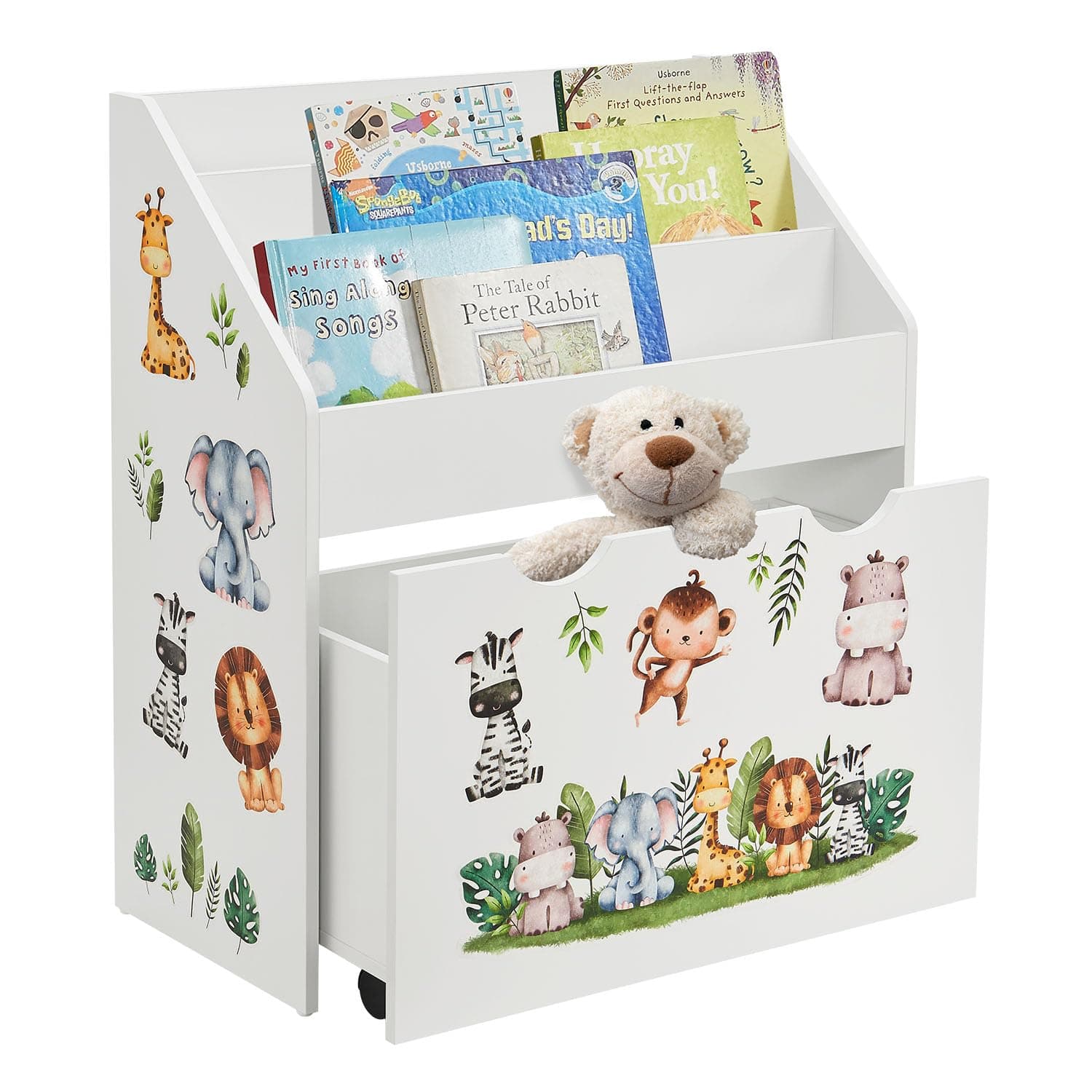 Juskys Kinder Bücherregal mit 3 Fächern & Spielzeugkiste - Holz Regal 63x30x70 cm BTH - Aufbewahrung von Büchern & Spielzeug im Kinderzimmer - Weiß
