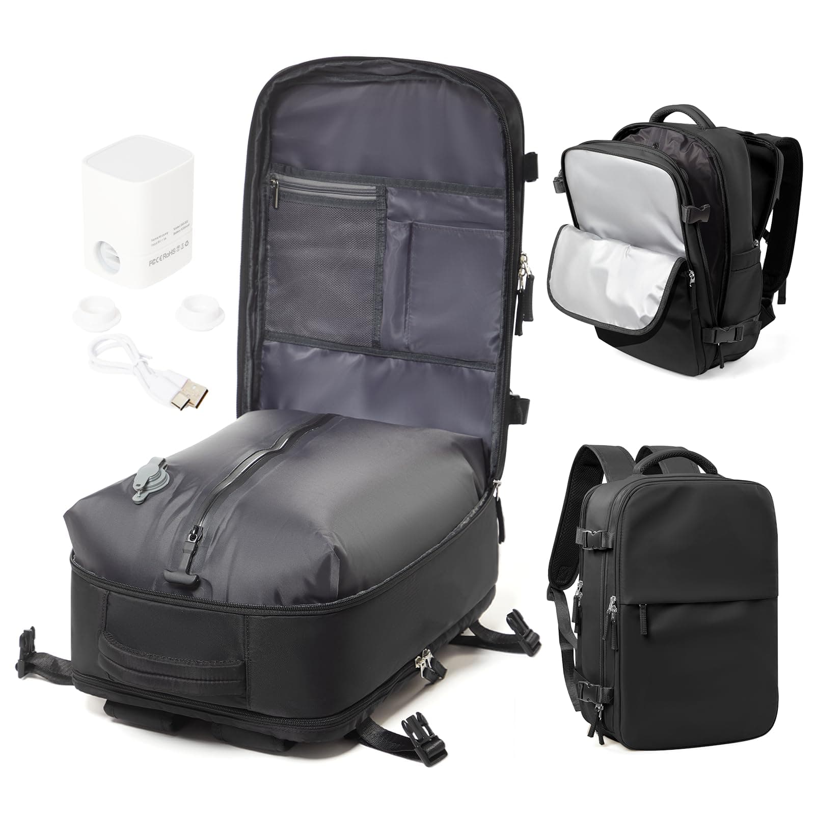 WEPOET Sac a Dos Compression Sous Vide Homme Femme Sac Airbag Travel Sous Vide Imperméable Sac à Dos Voyage Cabine Avion Saca Sos Grande Capacité- Noir