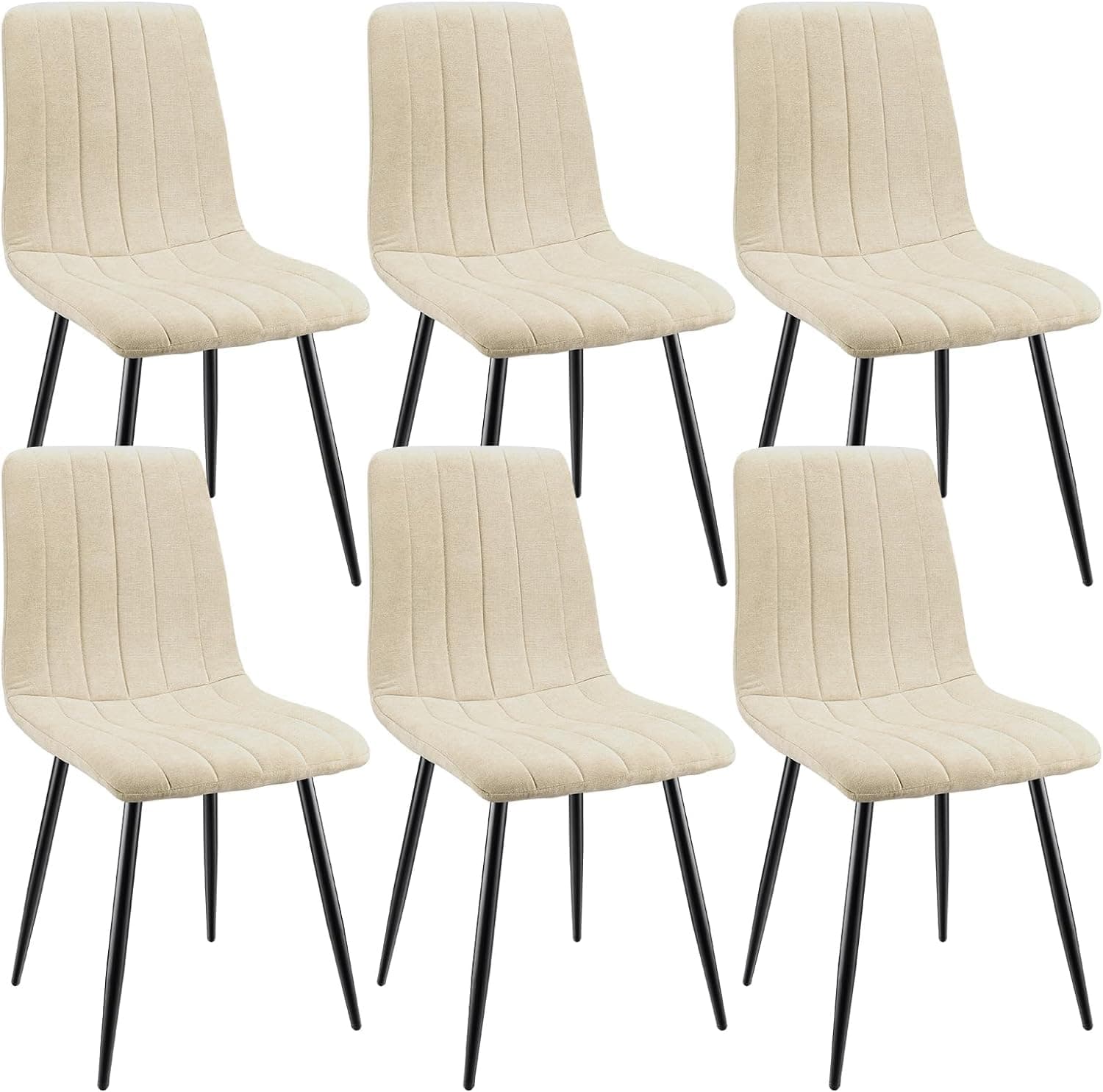 JIJIAN Pack de 6 Sillas de Comedor, Sillas de Cocina Tapizadas de Lino con Patas de Metal Negro, Acolchadas con Diseño de Costuras Verticales, para Cocina, Dormitorio y Recepción, Beige
