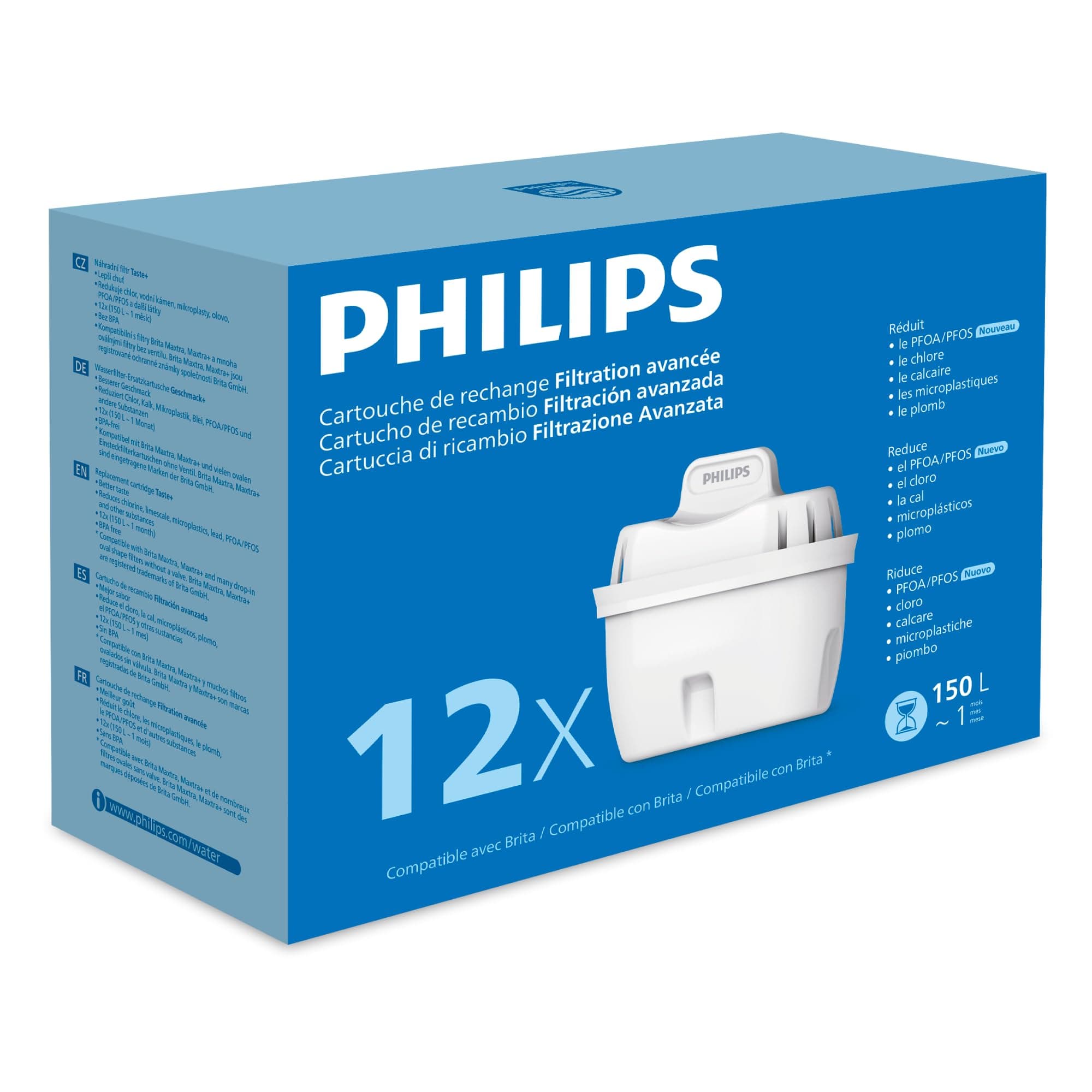 Philips Water Cartouches filtrantes de rechange Filtration avancée, paquet de 12, réduisent les MICROPLASTIQUES, le CHLORE, le CALCAIRE, les MÉTAUX LOURDS, Compatible avec Brita*
