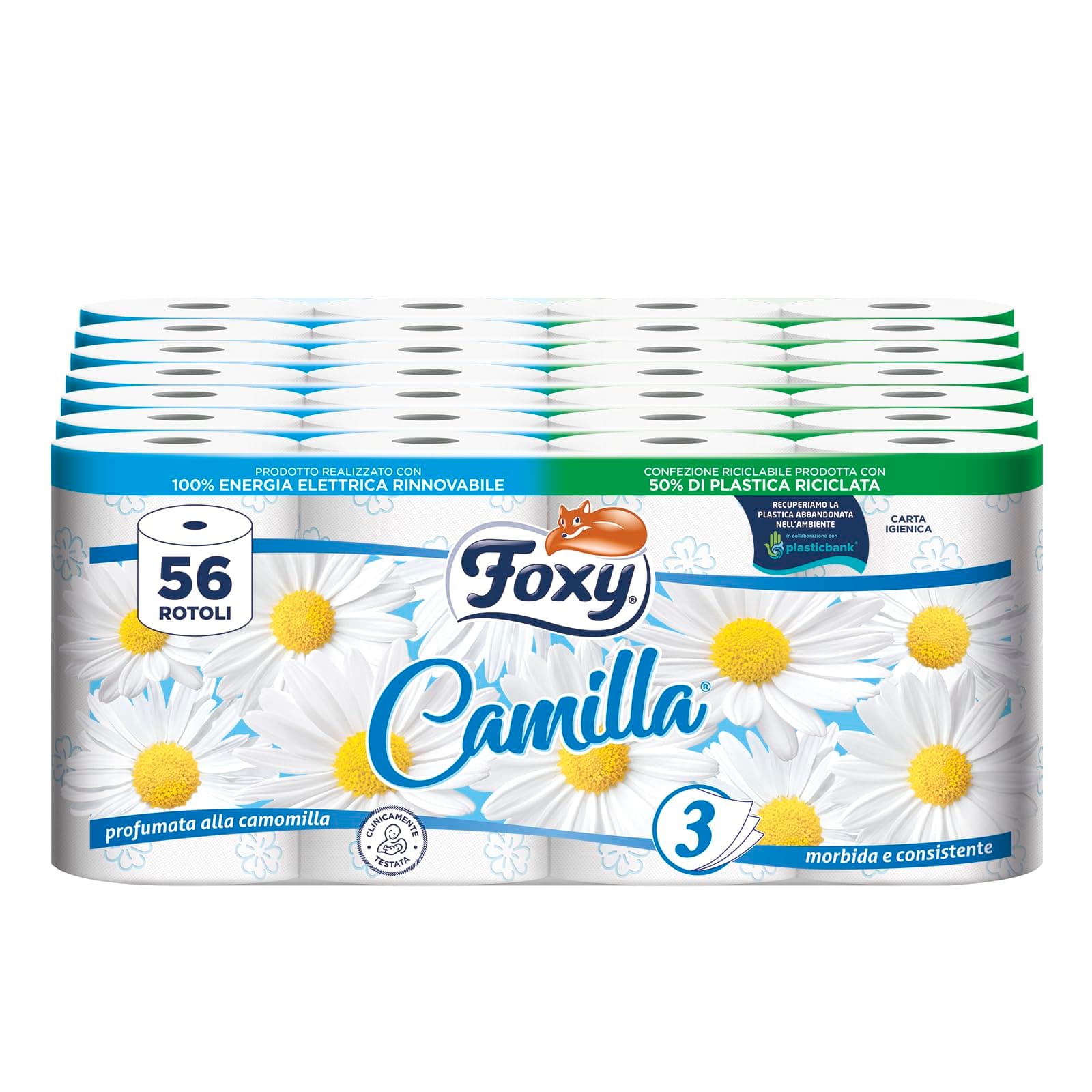 Foxy Camilla | Carta igienica 3 veli profumata alla camomilla | 56 rotoli | 160 strappi per rotolo | Carta certificata PEFC | Confezione riciclabile