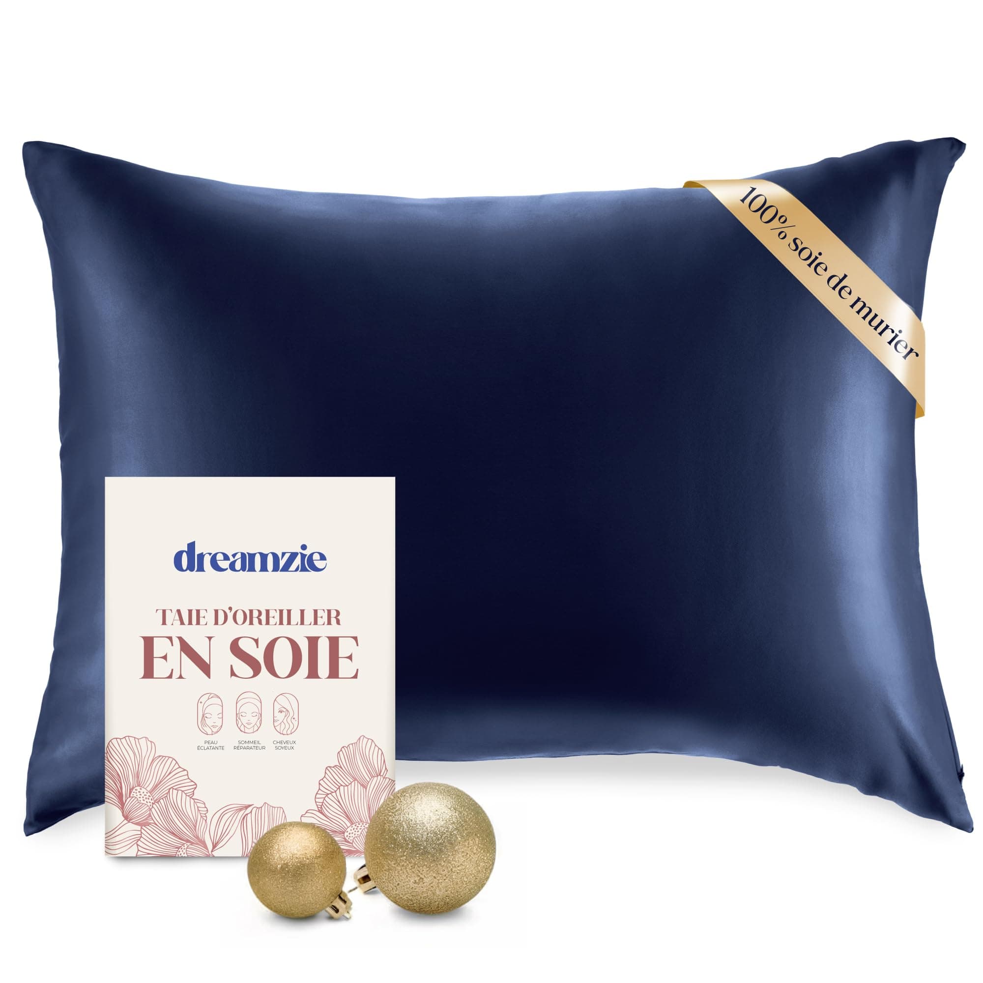DREAMZIE Taie d Oreiller en Soie - 100% Soie Naturelle de mûrier - pour Les Cheveux et la Peau - 19 mm de Soie des Deux côtés - 1 unité - Bleu Foncé - 40x60 cm