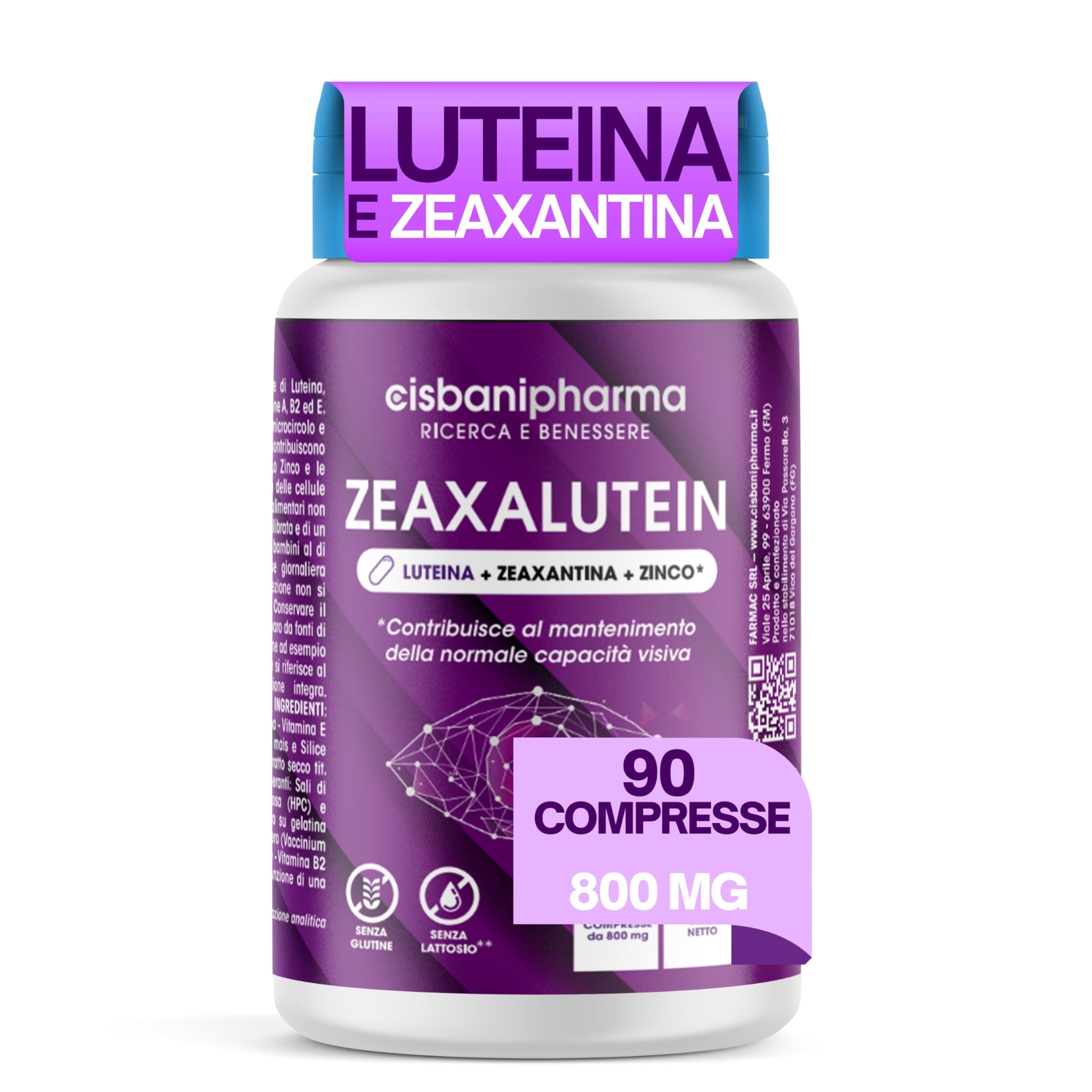 CISBANI PHARMA Luteina e Zeaxantina ad Alto Dosaggio, Integratore Occhi Vista Antiossidante da 800mg (Scorta per 3 mesi) con Mirtillo Nero e Rosso, Zinco, Vitamine A, B2, E - Zeaxalutein 90 Compresse
