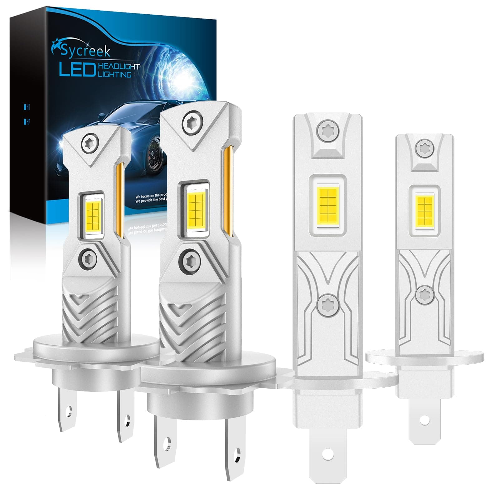 Sycreek Lampadine H1+H7 LED,30000LM 6500K Bianco Freddo 12V Led H7+H1 Lampade Faro per Auto e Moto 600% Luminosità 1:1 Mini Plug-n-Play,4 Lampadine
