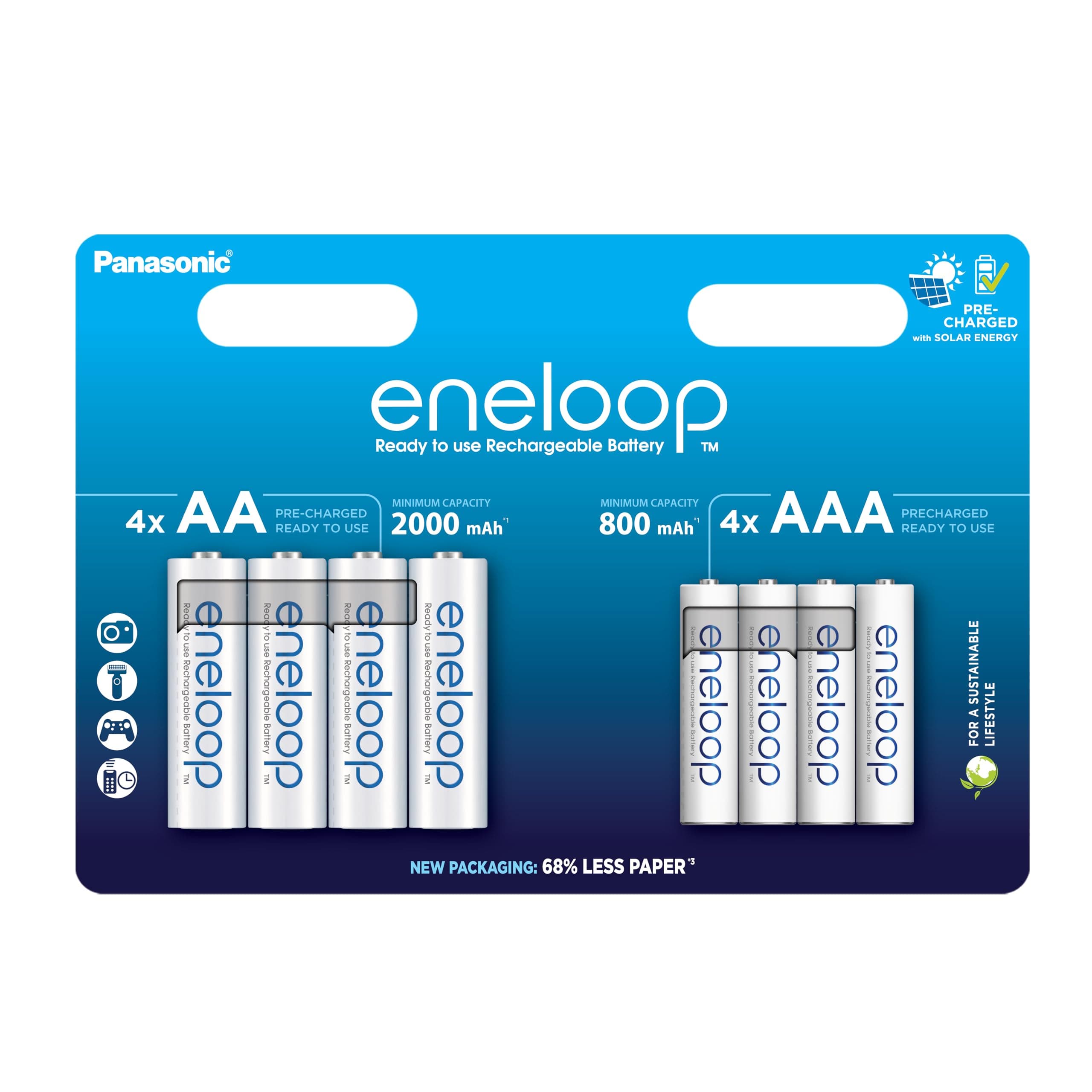 Pack de Piles Ni-MH eneloop Combo, 4 pièces AA/Mignon + 4 pièces AAA/Micro, Rechargeables, Nouvelle capacité Min. renforcée 2000 mAh + 800 mAh