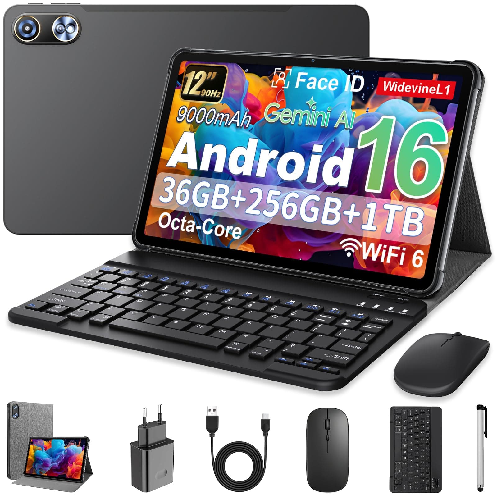 Android 16 Tablette 12 Pouces avec Gemini AI, Tablettes avec Coque, Clavier & Souris, Unisoc T7250 Octa-Core, 36 GO RAM + 256 GO ROM + 1 TO TF, 1920x1200 Écran HD, Caméra Double 8MP + 20MP, 9000 mAh