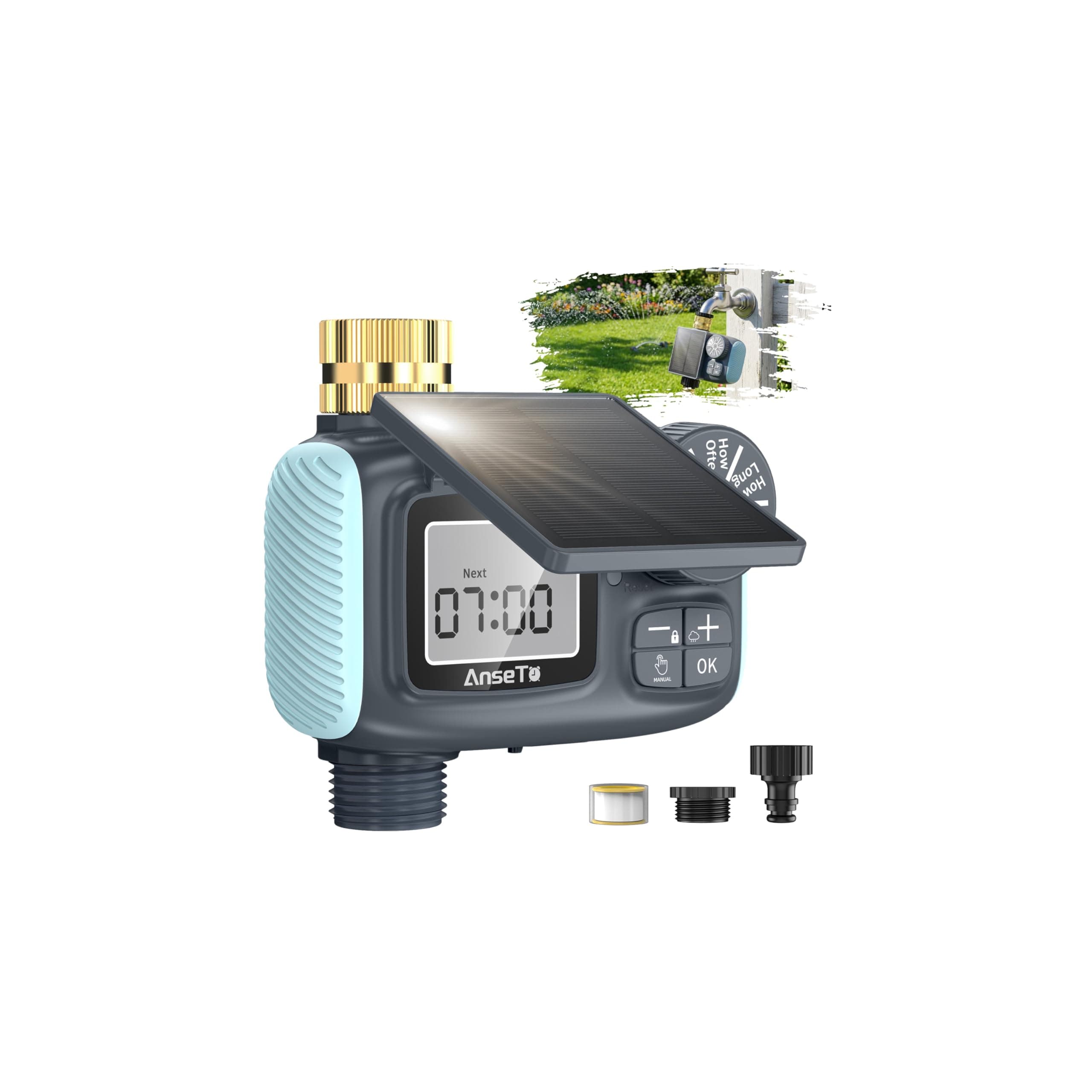 AnseTo Programmateur Arrosage Automatique Solaire, Système D'irrigation Automatique, Charge par Câble USB-C et Panneaux Solaires, Ecran LCD Ultra Clair,Contrôle de I'irrigation pour Jardin et Pelouse