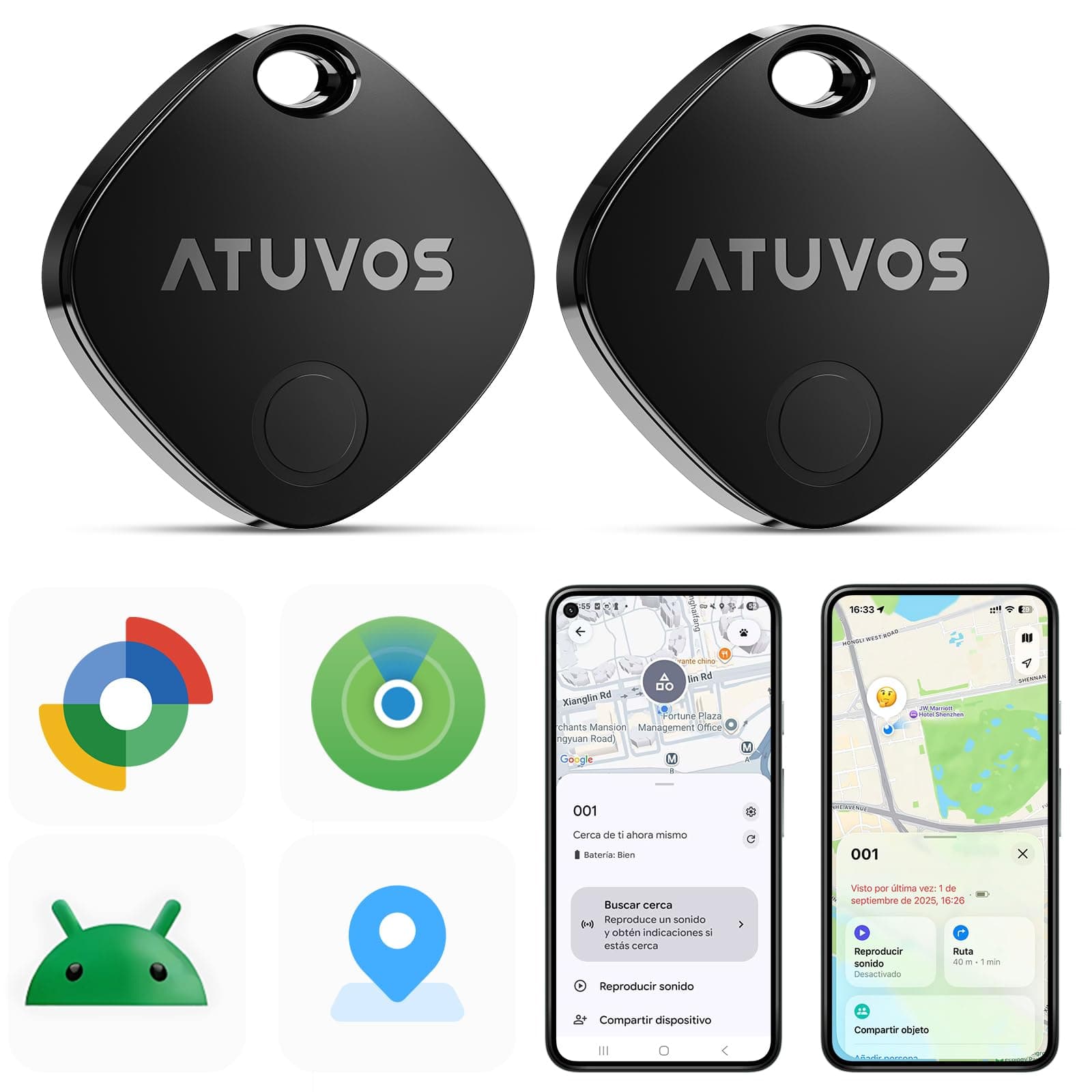 ATUVOS Air Tag Pro Smart Tag Tracker para Android & iOS, Dual Sistema Buscador de Objetos Compatible con Google Localizador o Apple Buscar APP, para Llaves/Equipaje/Maleta.Batería Reemplazable. 2 Pack