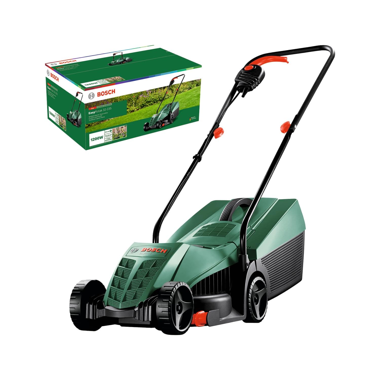 Bosch Tondeuse à Gazon Filaire EasyRotak 32-235 (Moteur de 1 200 W, Largeur de Coupe : 32 cm, bac de ramassage 31 litres, pour Les Petits Jardins)