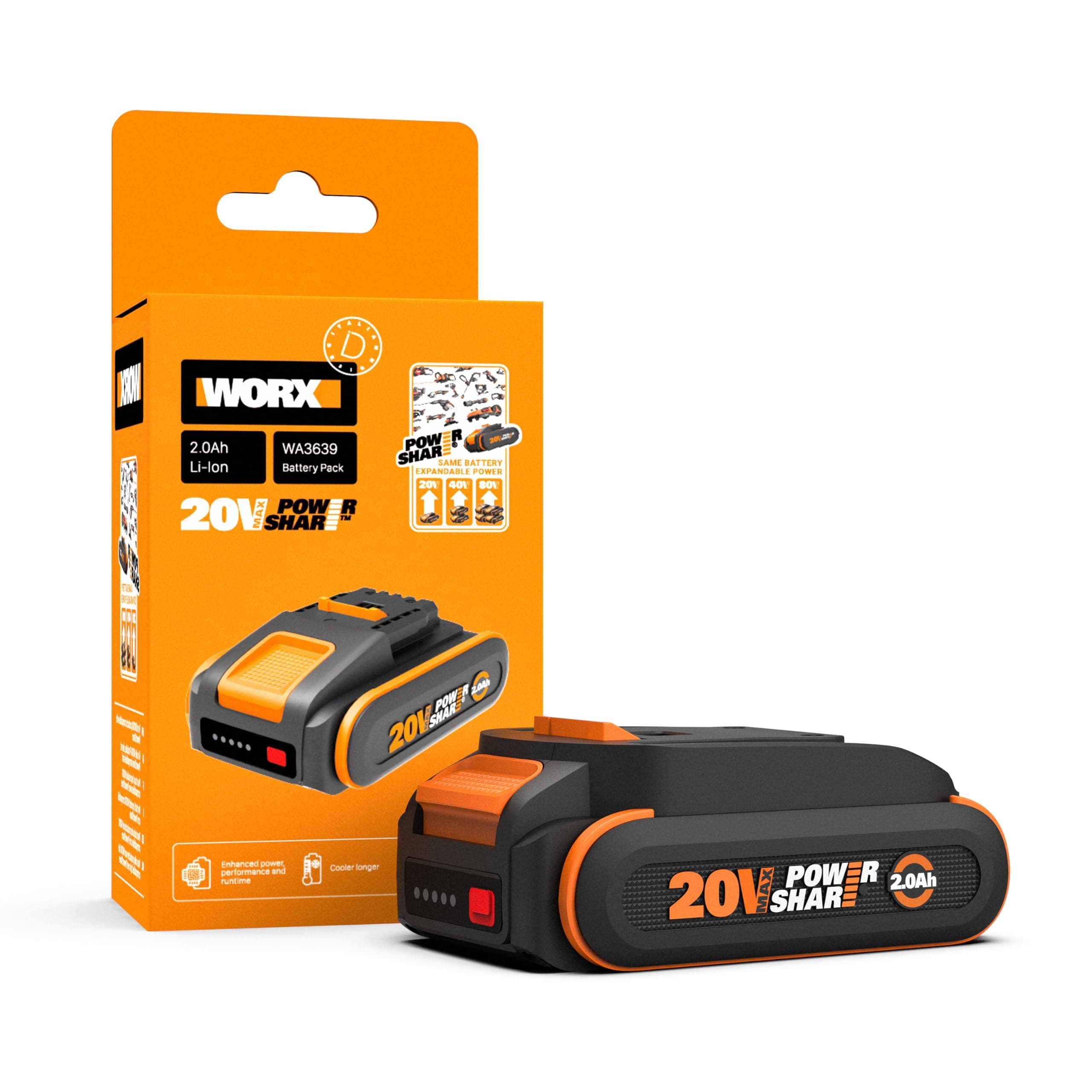 WORX WA3639 - Batería de 18 V (20 V máx.) 2.0 Ah con indicador de batería
