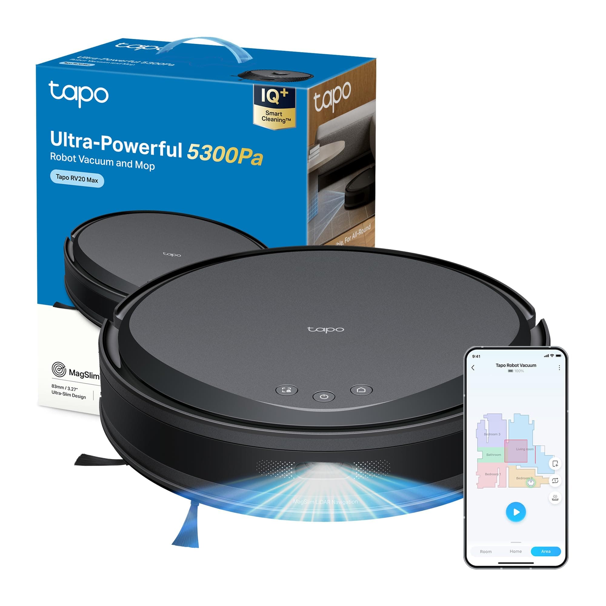 Tapo RV20 MAX Robot Aspirapolvere Lavapavimenti con Mappatura, Aspirazione 5300Pa, Navigazione LiDAR MagSlim, Zone No-Go e Muri Virtuali, Design Ultra Compatto 83mm, Controllo APP&Alexa
