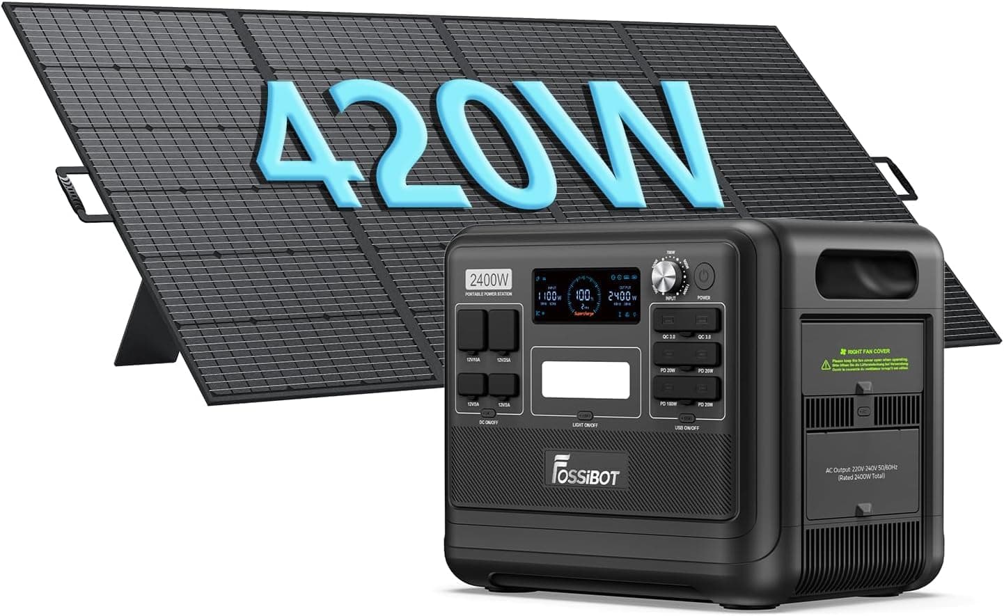FOSSiBOT F2400 Generateur Electrique Portable Panneau Solaire 420W, 2048Wh LiFePO4 Générateur Solaire UPS, 3 Sortie CA 2400W (4800W Pic), 1100W Charge Rapide Power Station Camping, Voyage Vert