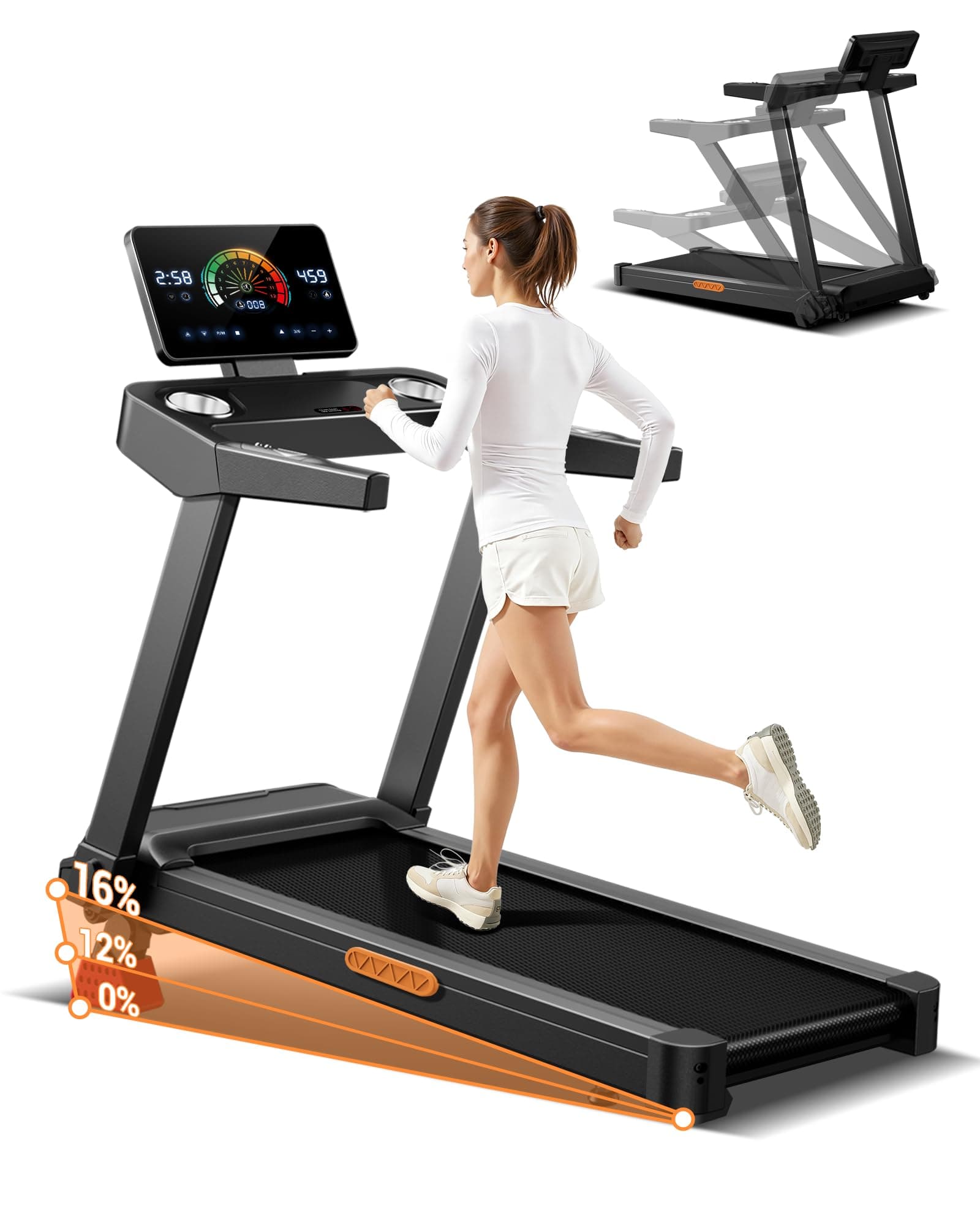 LONTEK Tapis de Course Pliable Inclinable 16%, 14KM/H Tapis de Marche avec Surveillance de Fréquence Cardiaque, Treadmill Home avec Moteur 3,5CV et Affichage LED, Charge Max 180KG, Compact