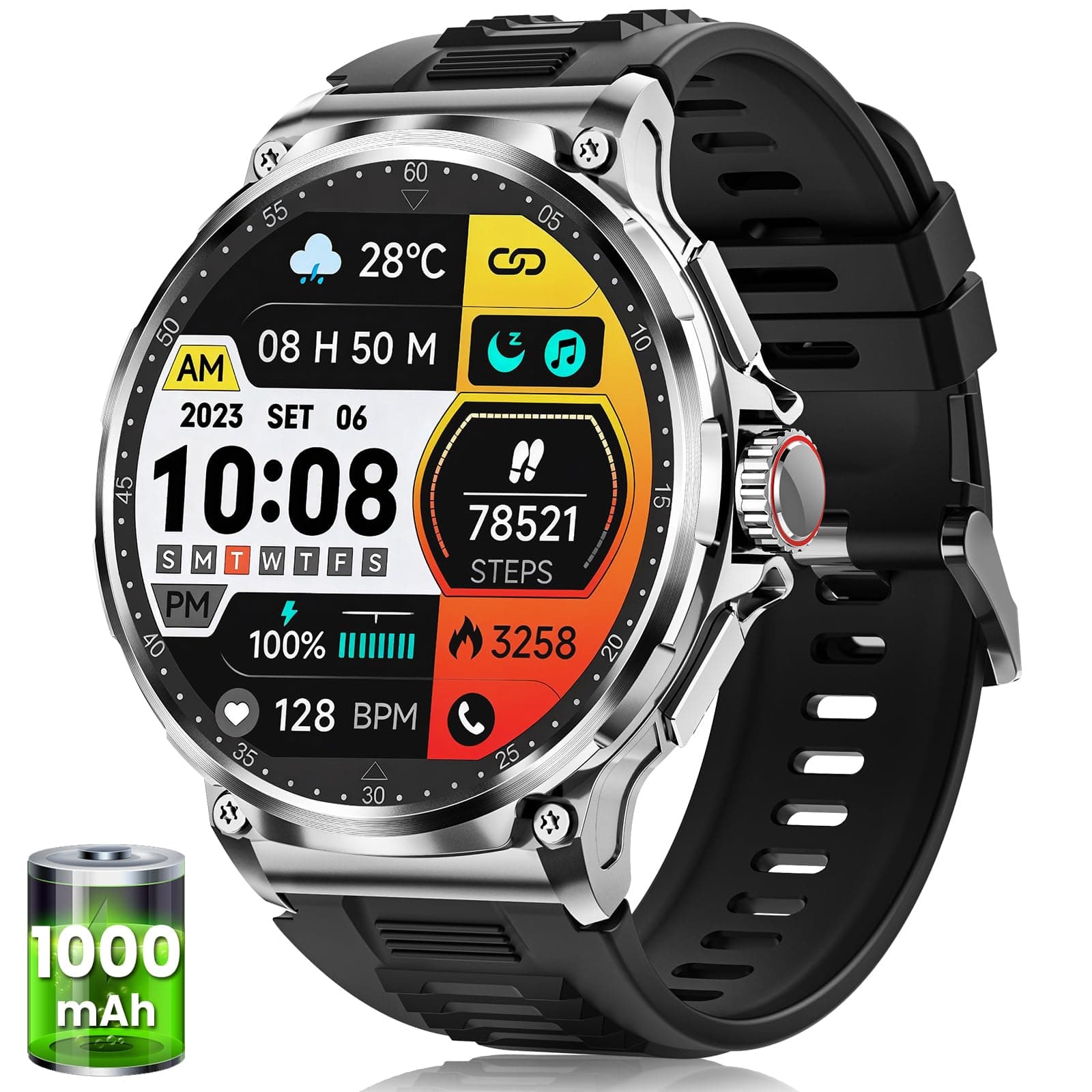 Reloj Inteligente Hombre con 1000mAh Batería, 1.92" AMOLED, 5ATM Impermeable Smartwatch Militar con Llamadas, 120 Modos Deportivos, 24/7 Pulsómetro/Sueño/Podómetro Pulsera Actividad Android iOS Plata