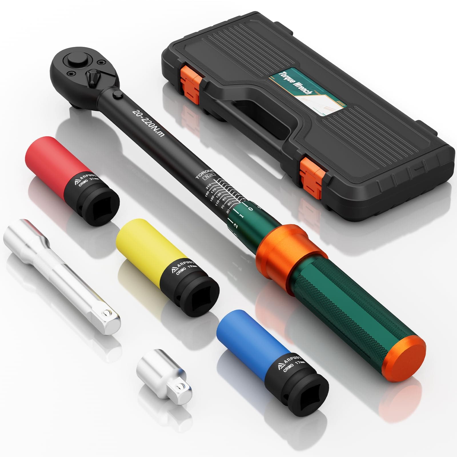 NADOKHI Llave Dinamométrica 1/2'', 20-220Nm, Llave Dinamométrica Coche 6 Piezas con Vasos 17mm/19mm/21mm, Barra de Extensión de 125mm, 1/2" to 3/8" Adaptador, para Coche, Camión, Moto
