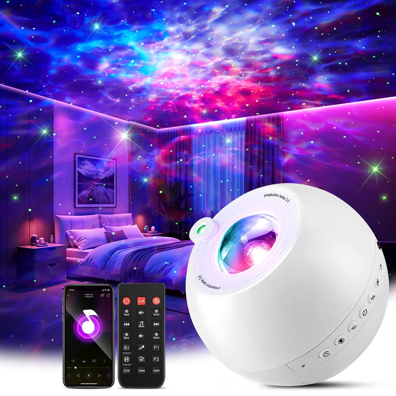 One Fire Luce Notturna Bambini, 15 Colori Proiettore Stelle Soffitto Regalo Festa della Mamma, 15 Rumore Bianco+Bluetooth Proiettore Soffitto Luci LED Camera da Letto Regalo Ragazza