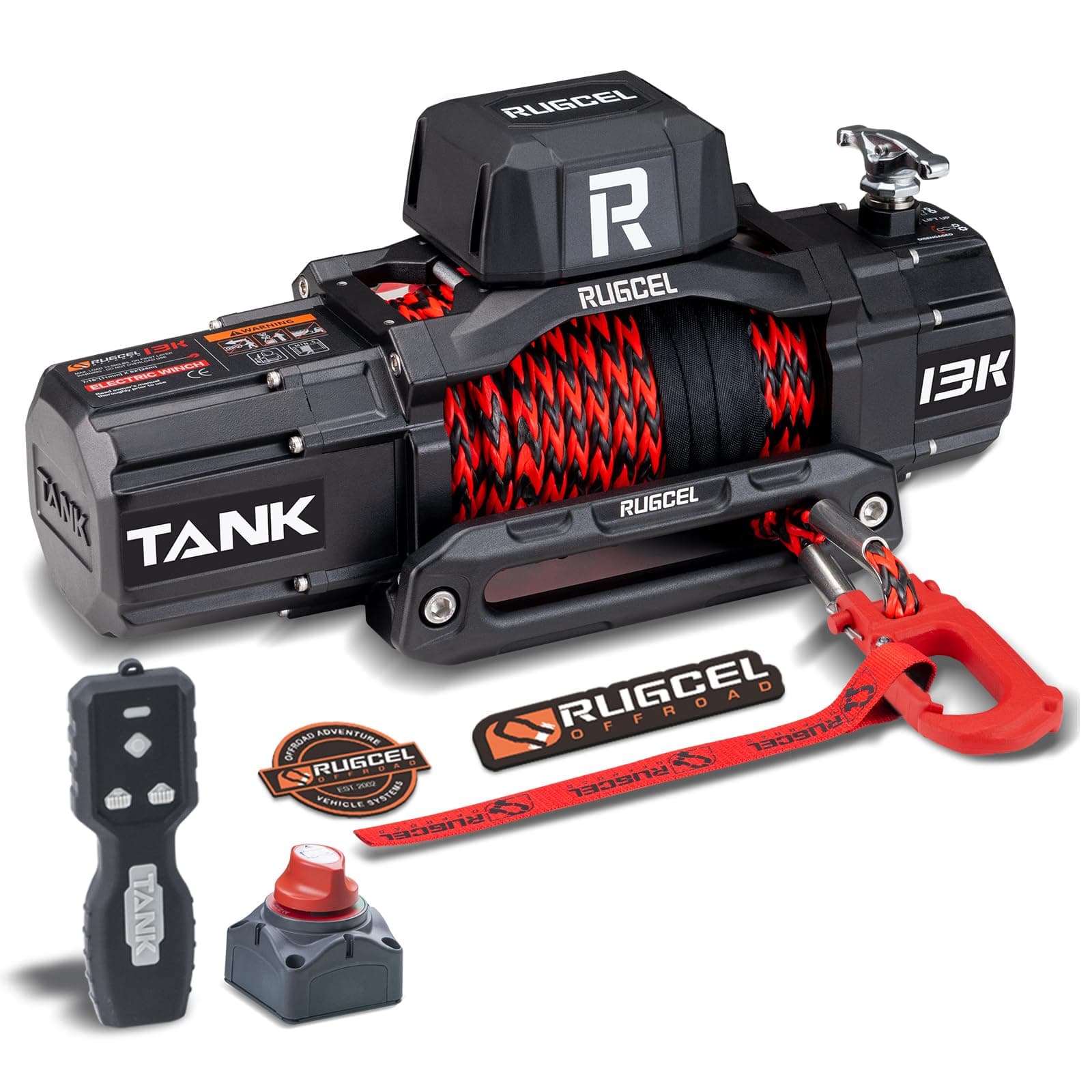 RUGCEL WINCH Treuil électrique étanche à corde synthétique de 6 123,5 kg, 12 V, télécommande sans fil, pour VUS, camion et remorque – Série TANK