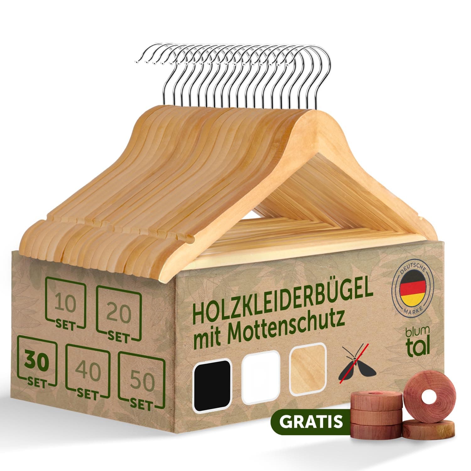 Blumtal Kleiderbügel Holz 30er Set - Holzbügel mit 360° drehbarem Metallhaken - Bügel aus robustem Holz mit Zedernholz Mottenschutz - Holz Kleiderbügel mit Anti-Rutsch-Schicht & Einkerbungen - Hangers