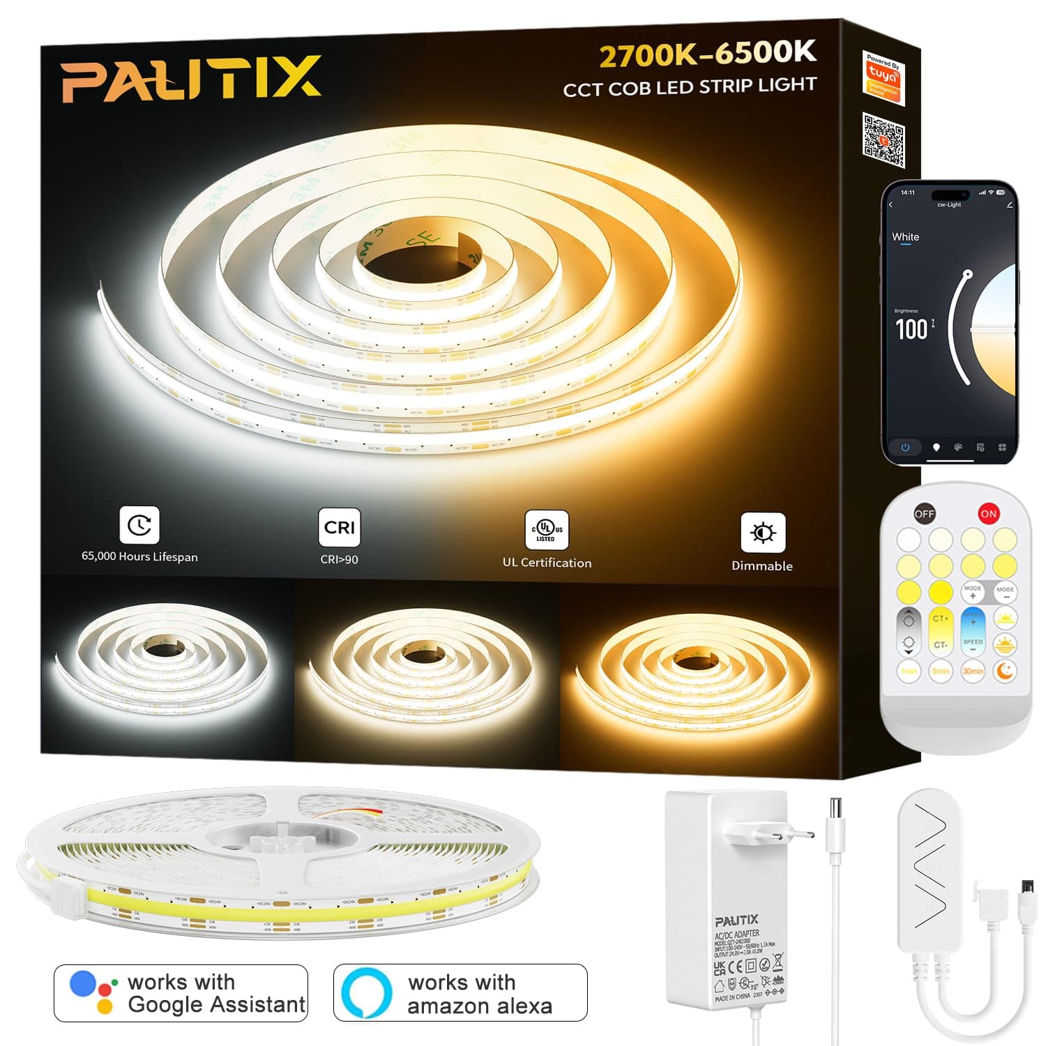 PAUTIX Striscia LED COB CCT 5M WiFi, 2700K-6500K Bianco Regolabile COB LED Striscia 24V 640LEDs/m Dimmerabile LED Strip Kit Funziona con Alexa/Google Home per Cucina,Camera e Progetti Fai da Te