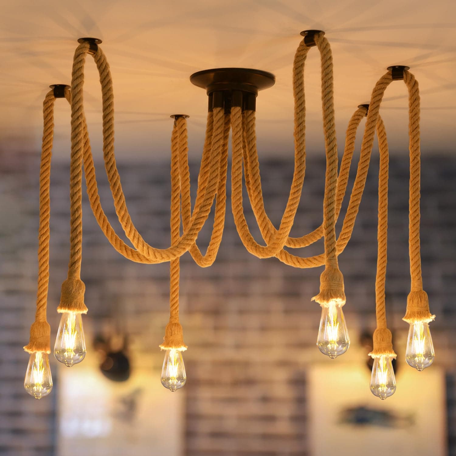 ANWIO Lustre Suspention à 6 Têtes, Plafonnier Led Suspendu, Lampe Araignée DIY, Abat-jour rn Rotin pour Chambre à Coucher, Luminaire Industriel, Lustre en Forme d'Araignée, Eclairage Loft（1PCS）