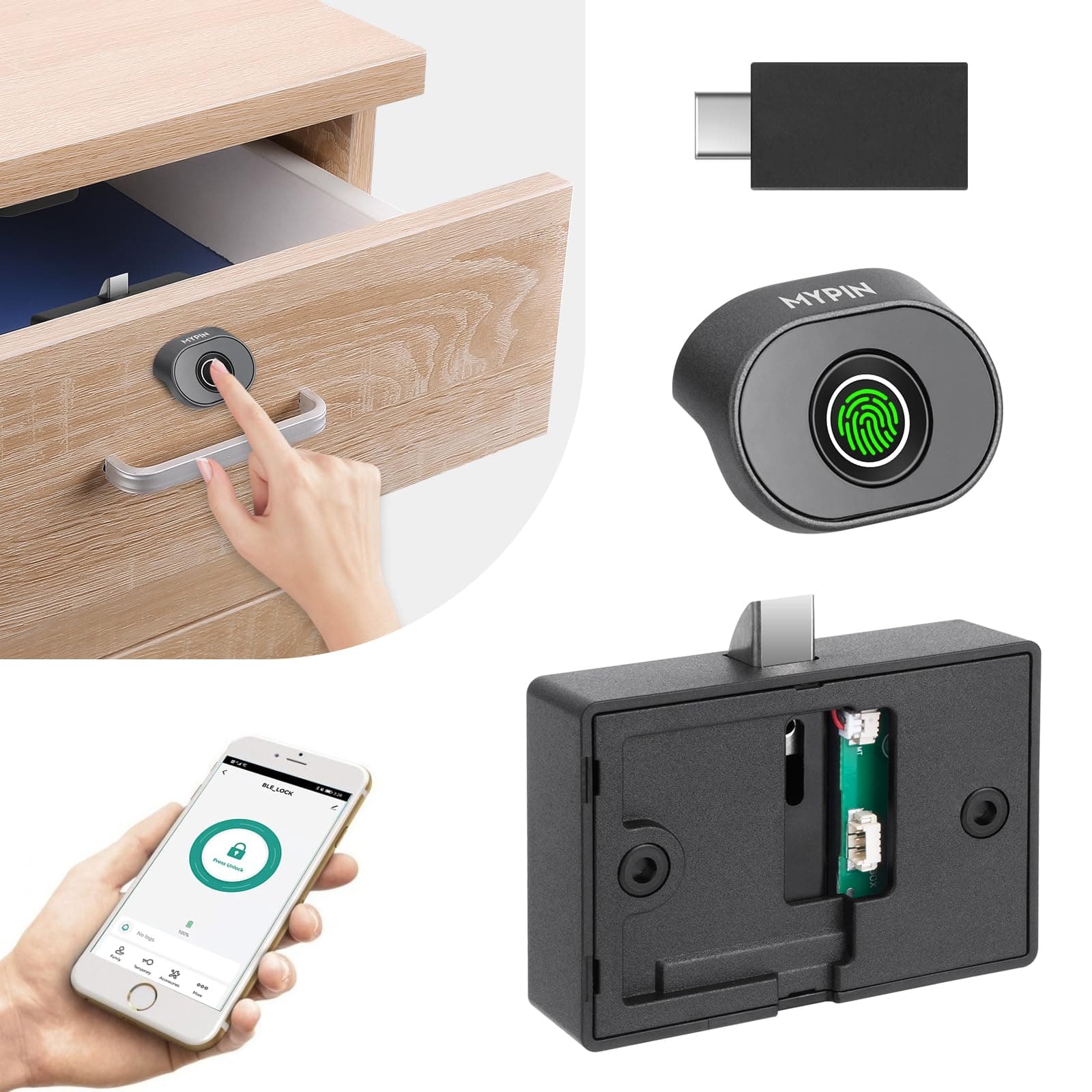 Serrure de Meuble à Empreintes Digitales Bluetooth, Serrure Biométrique Sans Clé pour Tiroir et Armoire, Verrou Électrique à Empreinte Digitale pour Sécurité Enfant