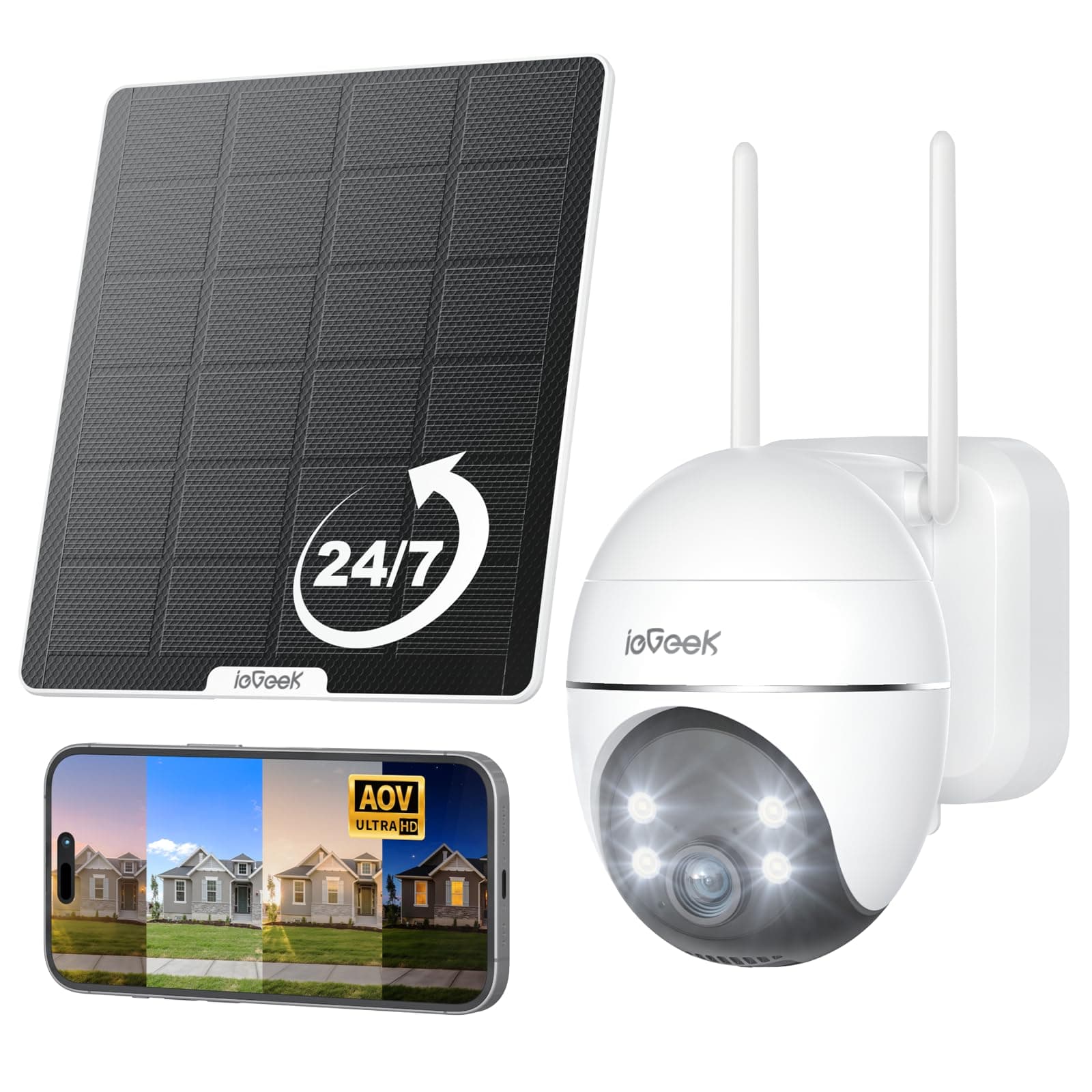 ieGeek AOV Telecamera Pannello Solare 5W con Registrazione 24/7 & Tracciamento Automatico, 2K 360° PTZ Videocamera Wi-Fi Esterno a Batteria 9000mAh, Visione Notturna a 30m, Rilevamento AI, IP65, S7