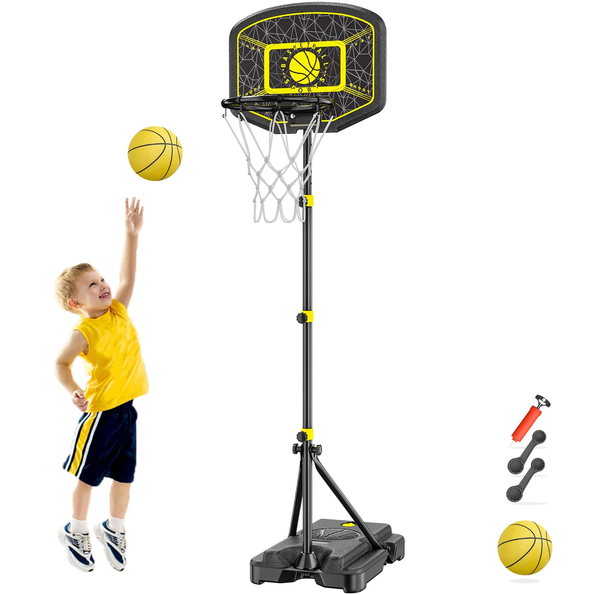 GILIKOKO Cestino da basket con supporto, 110-190 cm, regolabile in altezza, per esterni e interni, per bambini