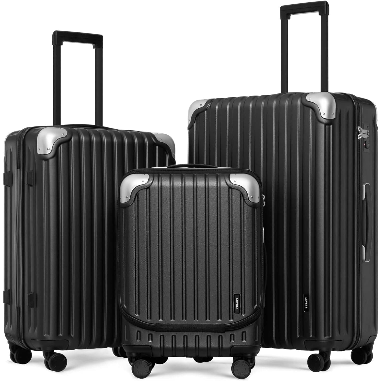LEVEL8 Lot de 3 Valise de Voyage Bagages Cabine ABS+PC Valises Rigide Bagage Trolley avec 4 Roues Doubles et Verrouillage TSA, Légère et Robuste(Noir,36L/68L/104L)