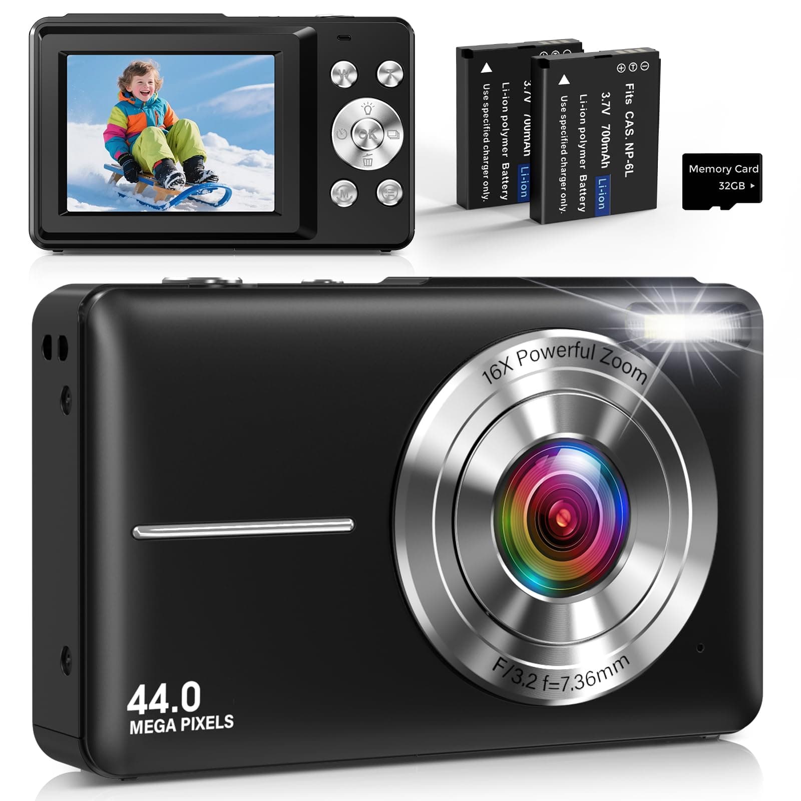 Cámara Digital Compacta Cámara de Fotos Digital 44MP 1080P con Pantalla IPS de 2,4”, Zoom Digital 16X, Antivibración, Tarjeta 32GB, 2 Baterías para Adolescentes Niños, Niñas Negro
