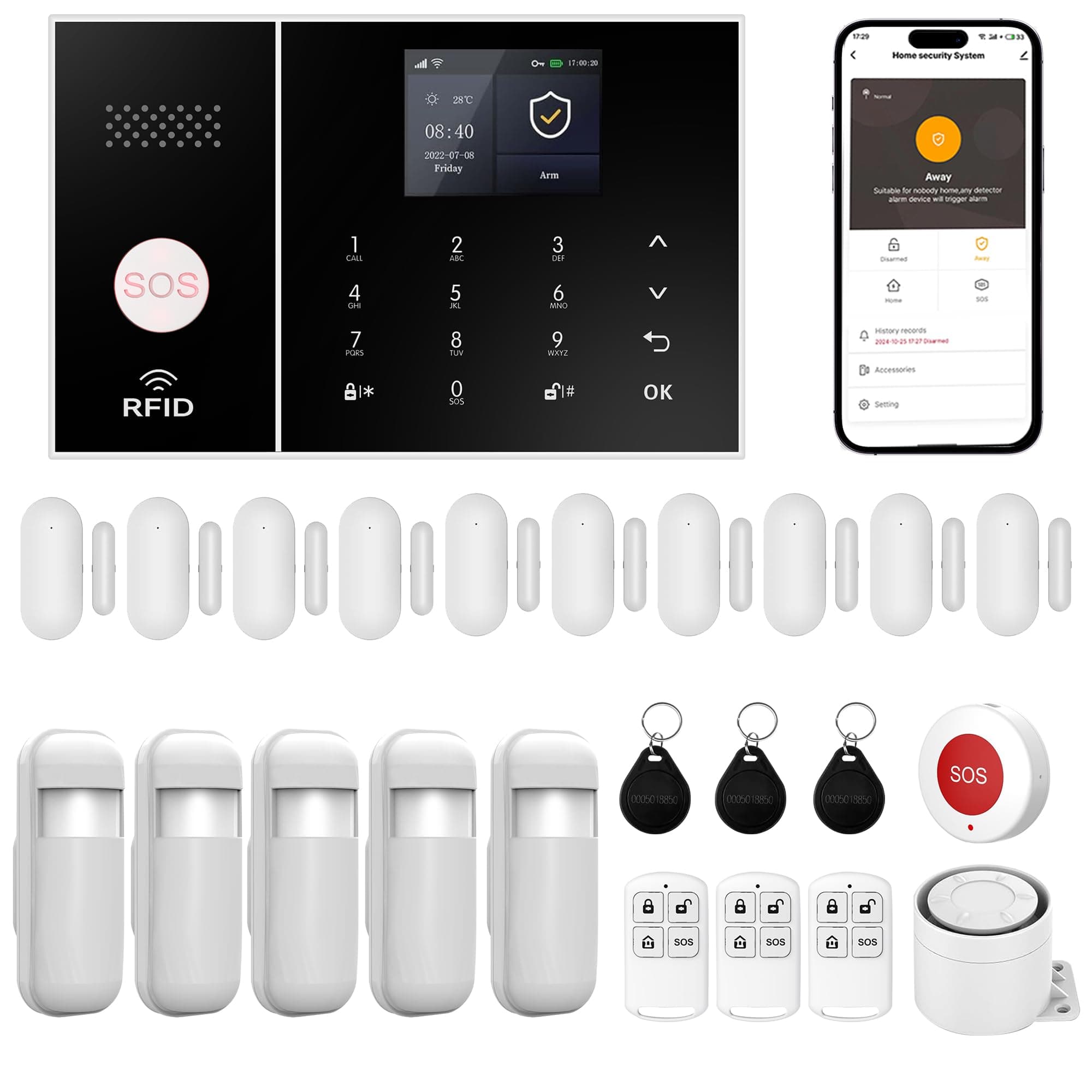 XUK Système d’Alarme sans Fil 4G/WiFi,Alarme Sécurité Intelligente avec Capteurs Porte/Fenêtre,Compatible Alexa/Google Home,24 Alarme avec Sirène,10 Capteurs de Fenêtre et de Porte, 3 Télécommande