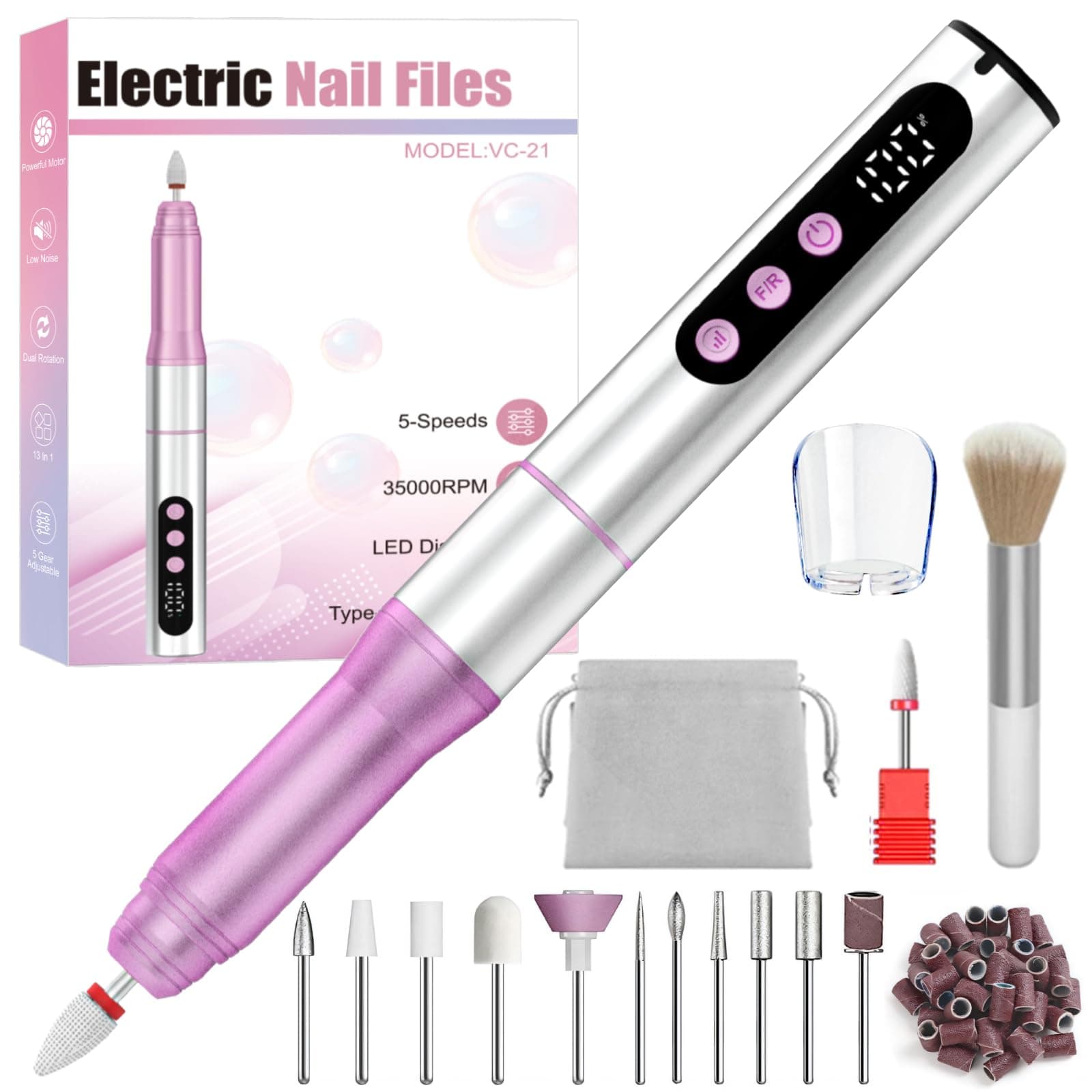 Oukzon Ponceuse pour Ongles Professionnel, 35000 tr/min Lime a Ongle Electrique Sans Fil, 13 en 1 Lime Electrique Ongle Avec LED écran Numérique, USB Rechargeable Ponceuse Ongle kit Manucure