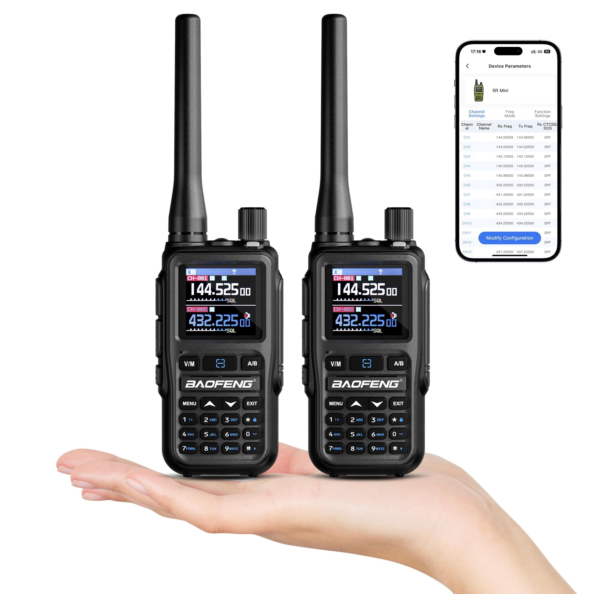 Baofeng GT-5R Mini Radio portátil de 5W de Doble Banda, Walkie Talkie UHF VHF Compacto con programación vía App BT, 999 Canales, Doble PTT, Carga USB-C, Receptor Airband/FM, Linterna, Pack de 2