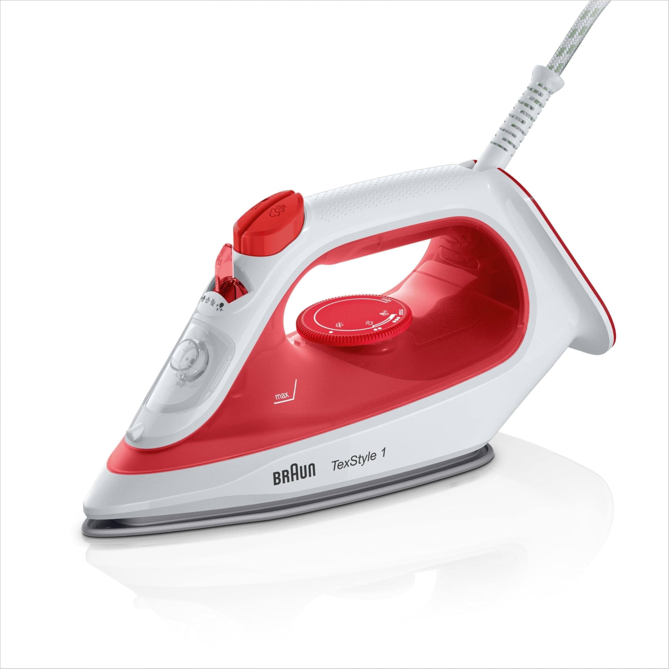 Braun TexStyle 1 SI 1019, Ferro da stiro a Vapore, Rivestimento Antiaderente, Termostato, 25g/min in modalità Turbo, Capacità Serbatoio Acqua 220ml, 1900W, Rosso/bianco