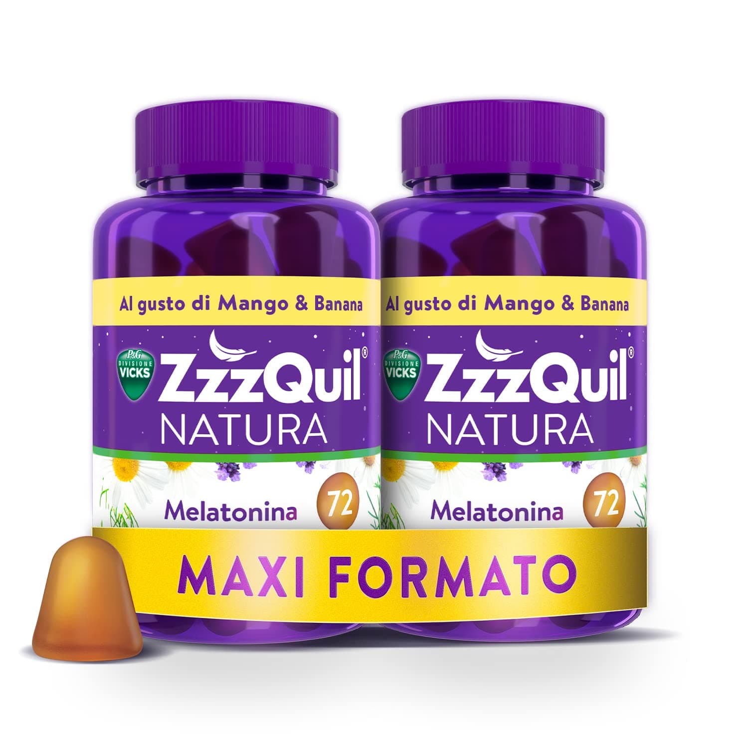 ZzzQuil Natura, Melatonina Per Dormire, Integratore con Melatonina pura ed Estratti Di Valeriana, Camomilla e Lavanda, Maxi Formato 2x72 Pastiglie Gommose, Gusto Mango e Banana
